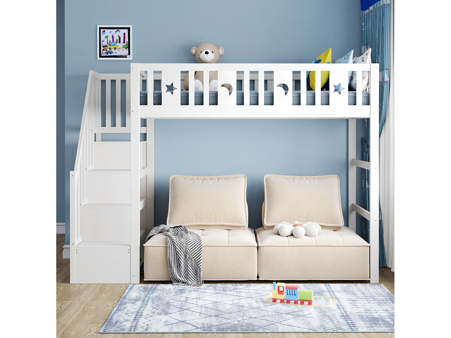 Lit mezzanine enfant 90x200 cm avec escalier rangement et espace détente - Blanc