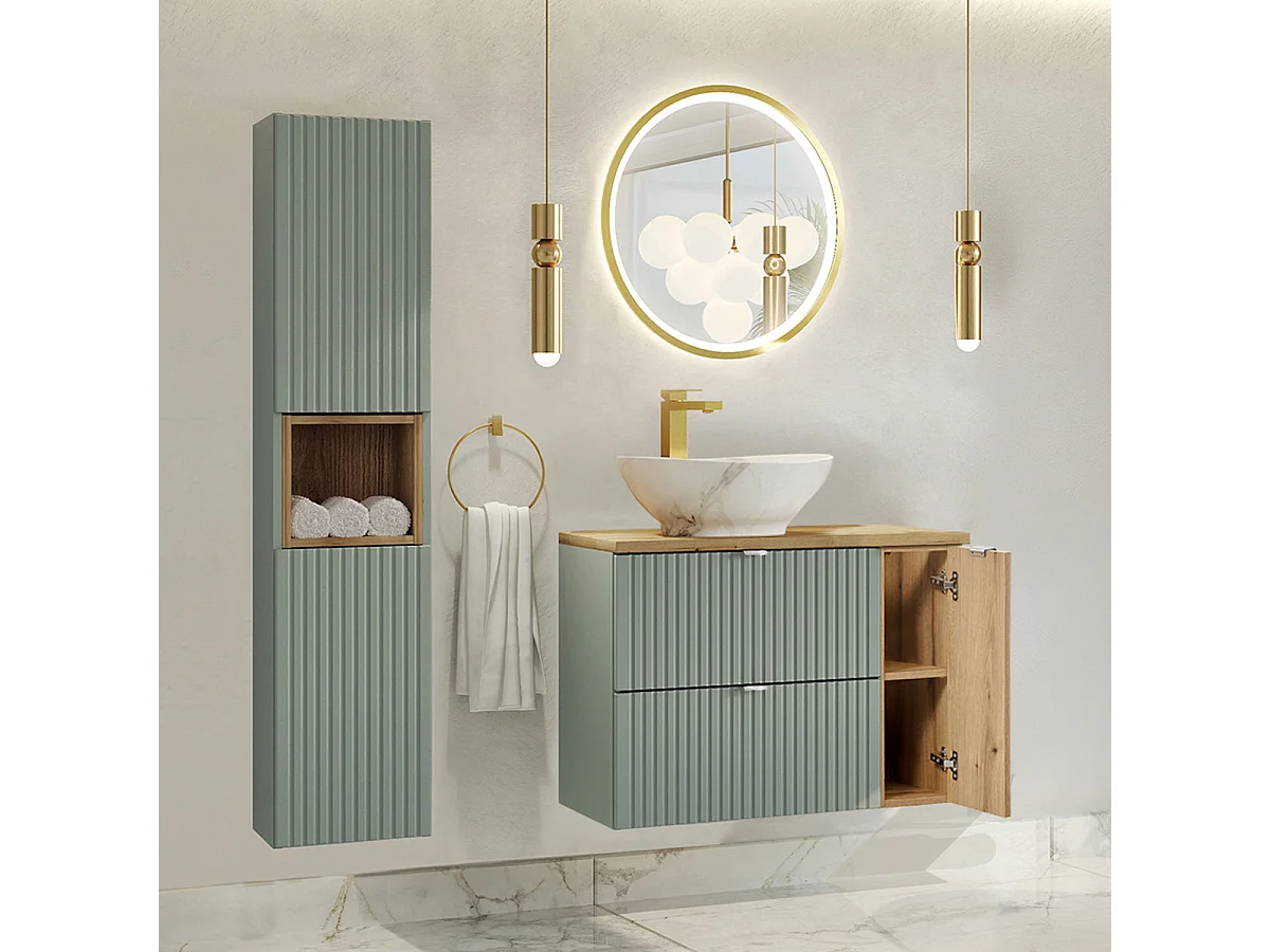 Ensemble meuble simple vasque 80cm et colonne Jade Vert et Bois