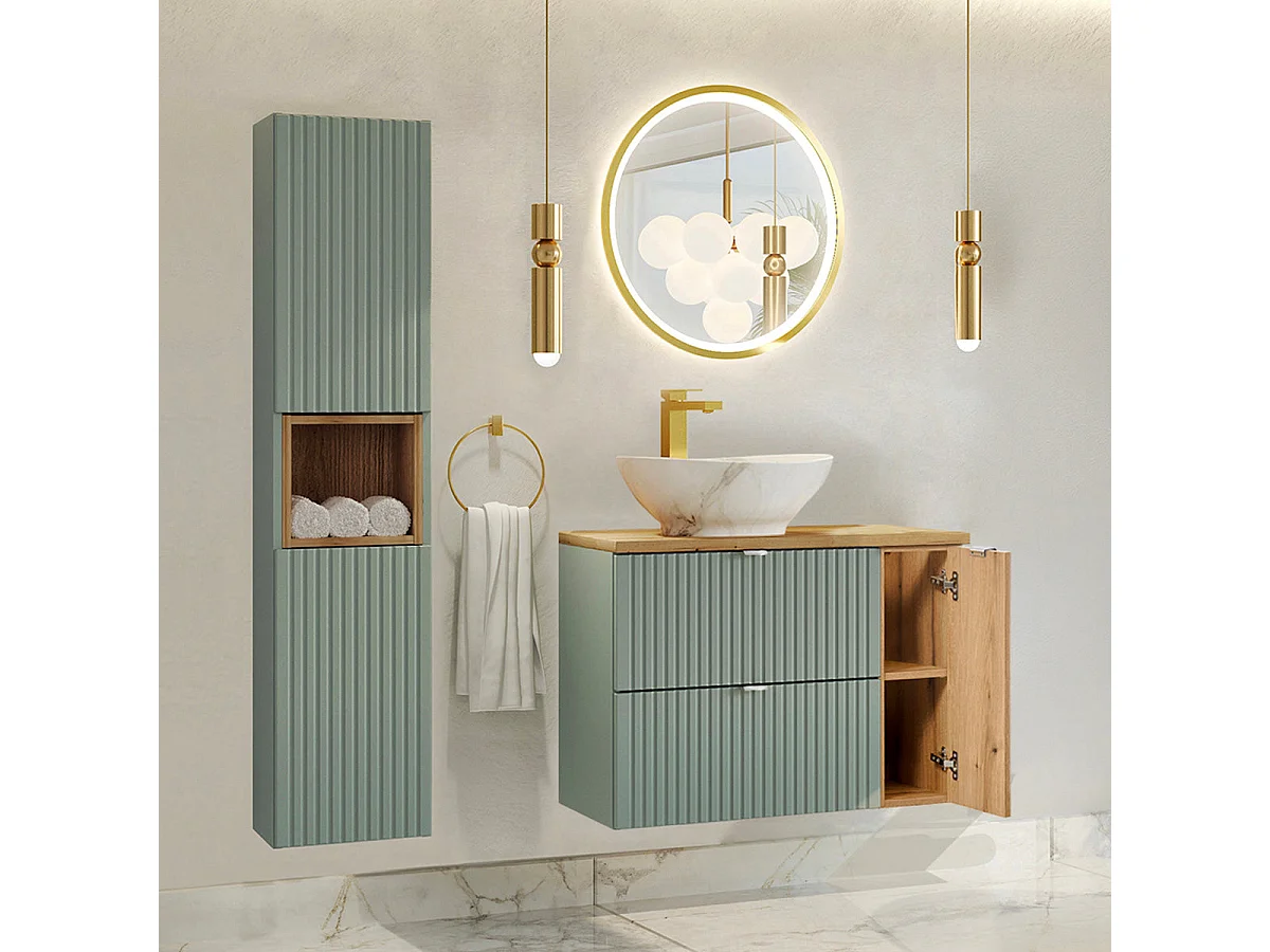 Ensemble meuble simple vasque 80cm og colonne Jade Vert og Bois