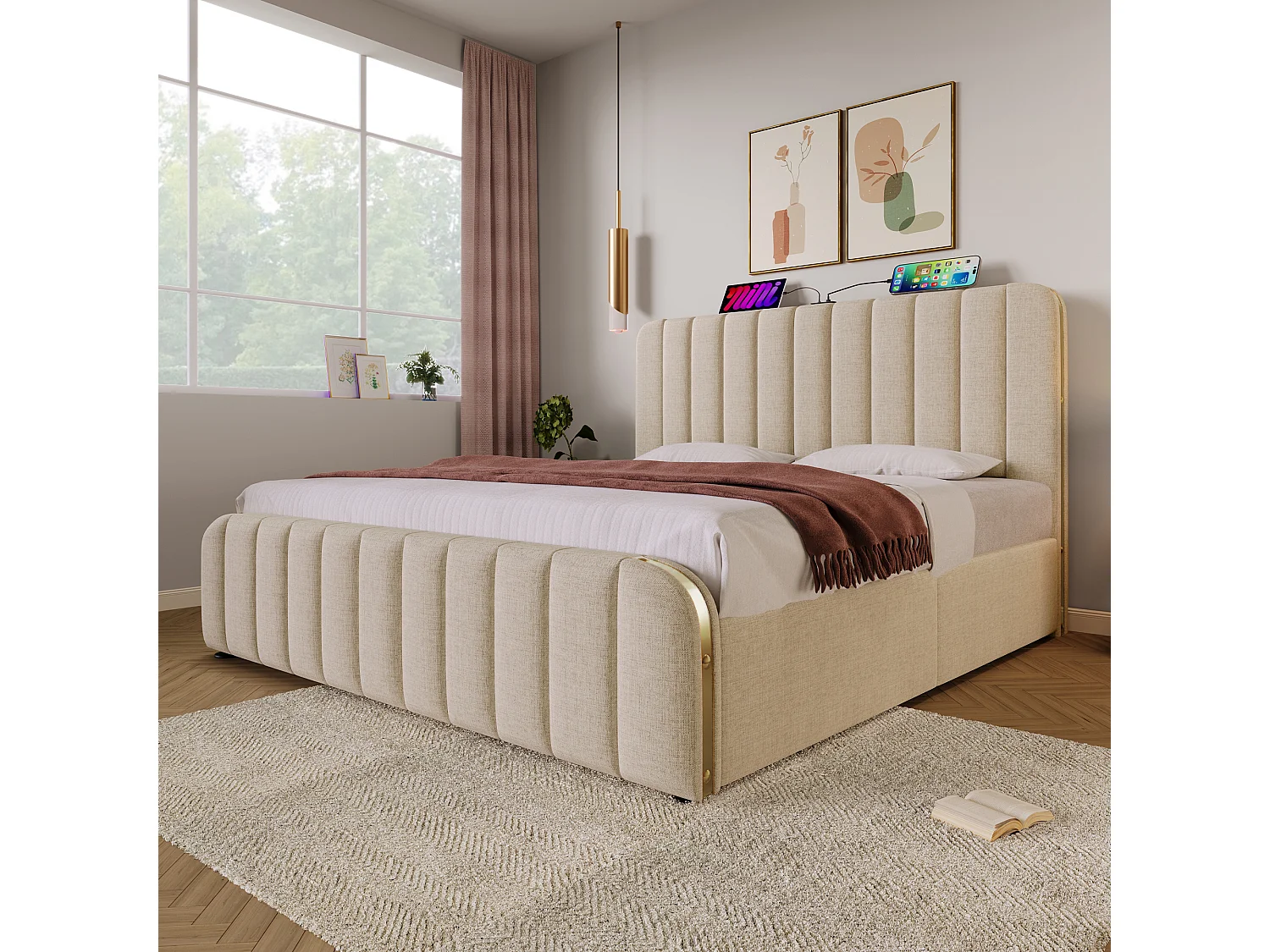 Lit coffre capitonne 180x200 cm - rangement hydraulique tete de lit USB-C et liseres dores - tissu effet lin beige