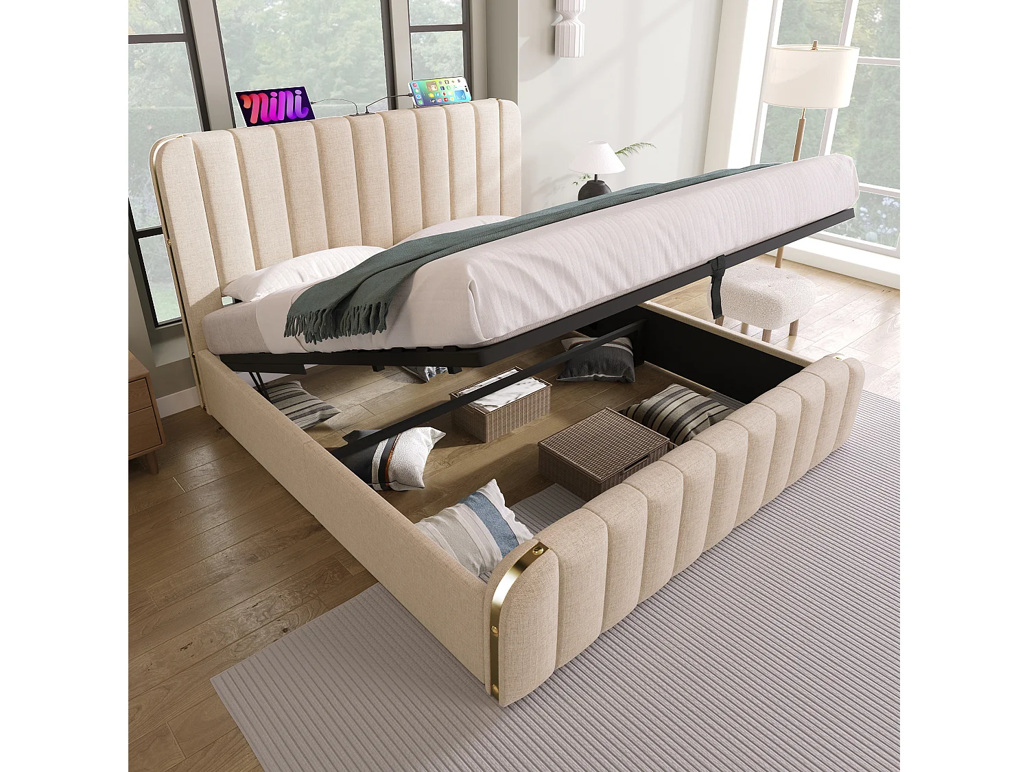 Lit coffre capitonne 180x200 cm - rangement hydraulique tete de lit USB-C et liseres dores - tissu effet lin beige