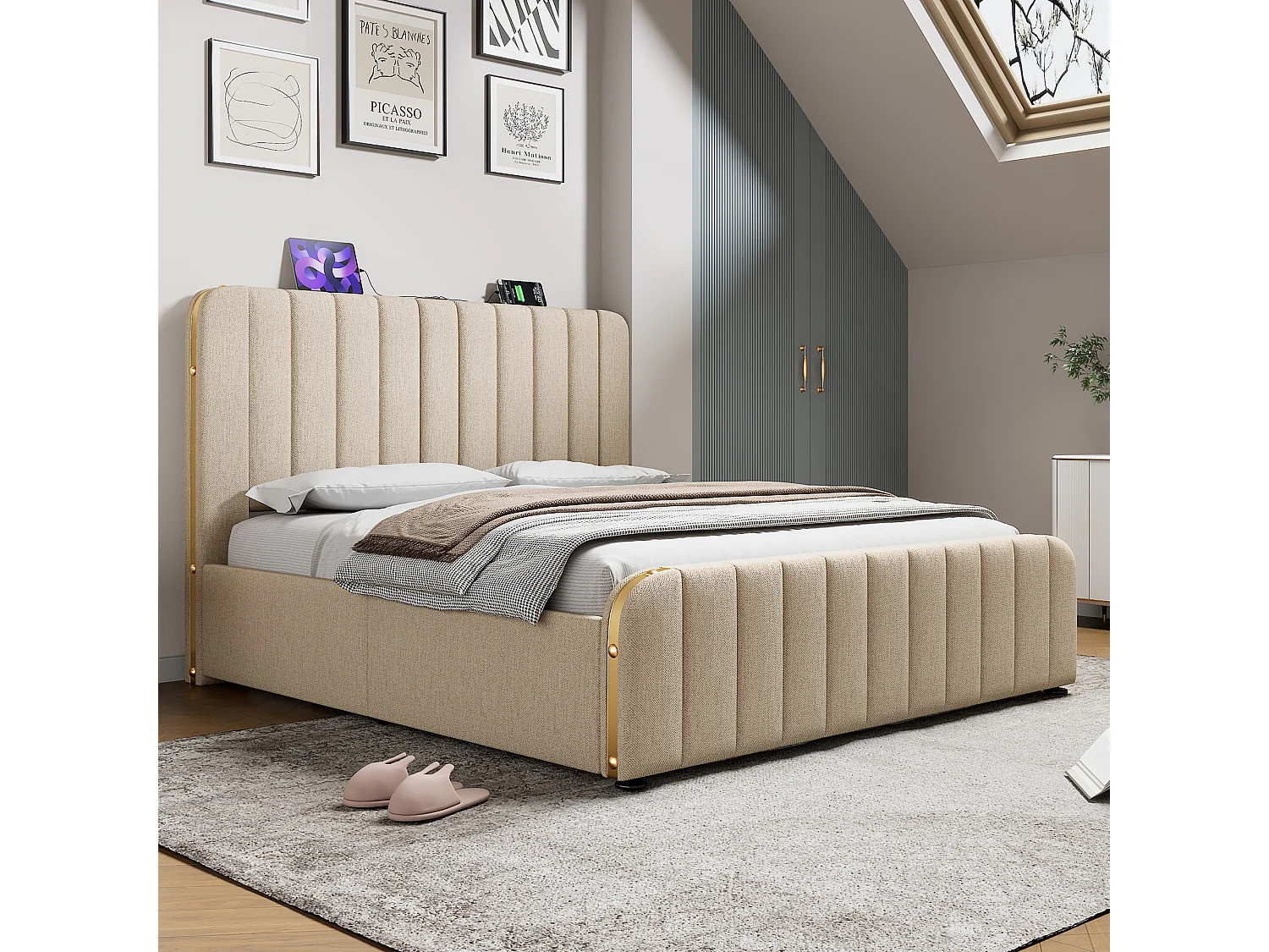 Lit coffre capitonne 180x200 cm - rangement hydraulique tete de lit USB-C et liseres dores - tissu effet lin beige