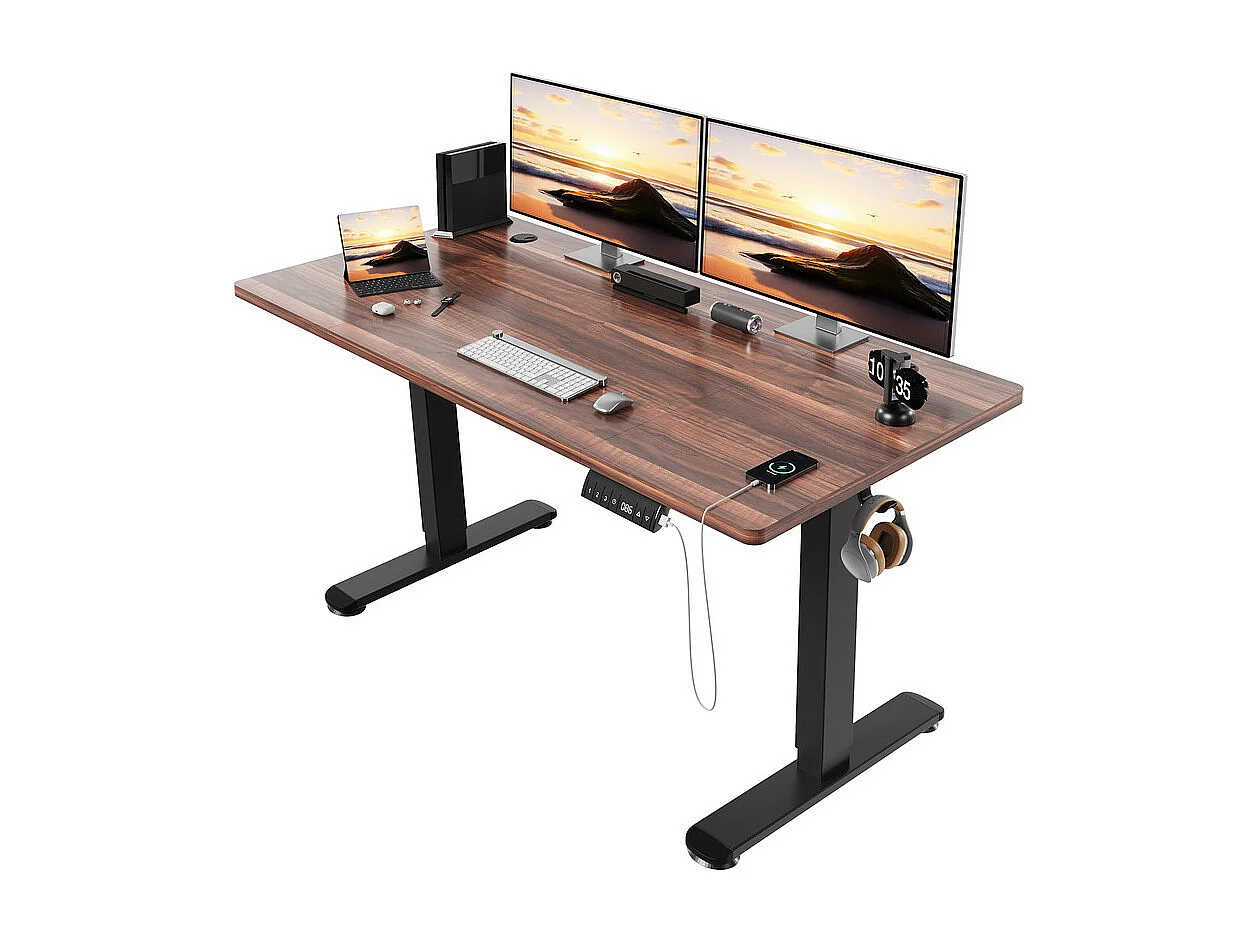 Bureau électrique réglable en hauteur avec prise USB, plateau pour câbles, bureau d'ordinateur, bureau debout avec rappel d'activités sédentaires, 140 x 70 cm
