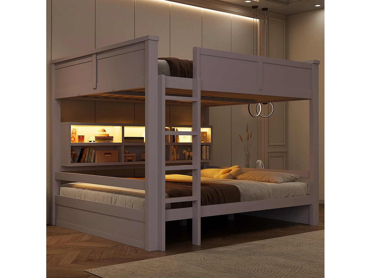 Lit superposé 2 couchages 160x200 cm avec rangements et LED - Marron