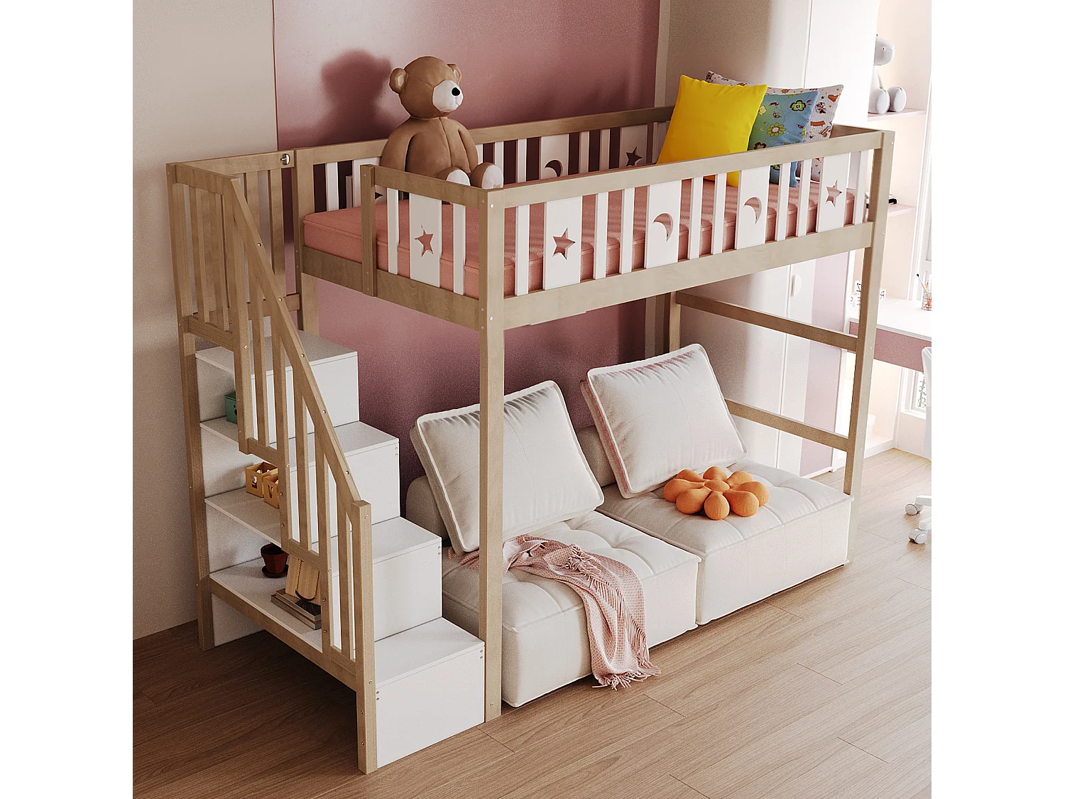 Lit mezzanine enfant 90x200 cm avec escalier rangement - Bois naturel et blanc