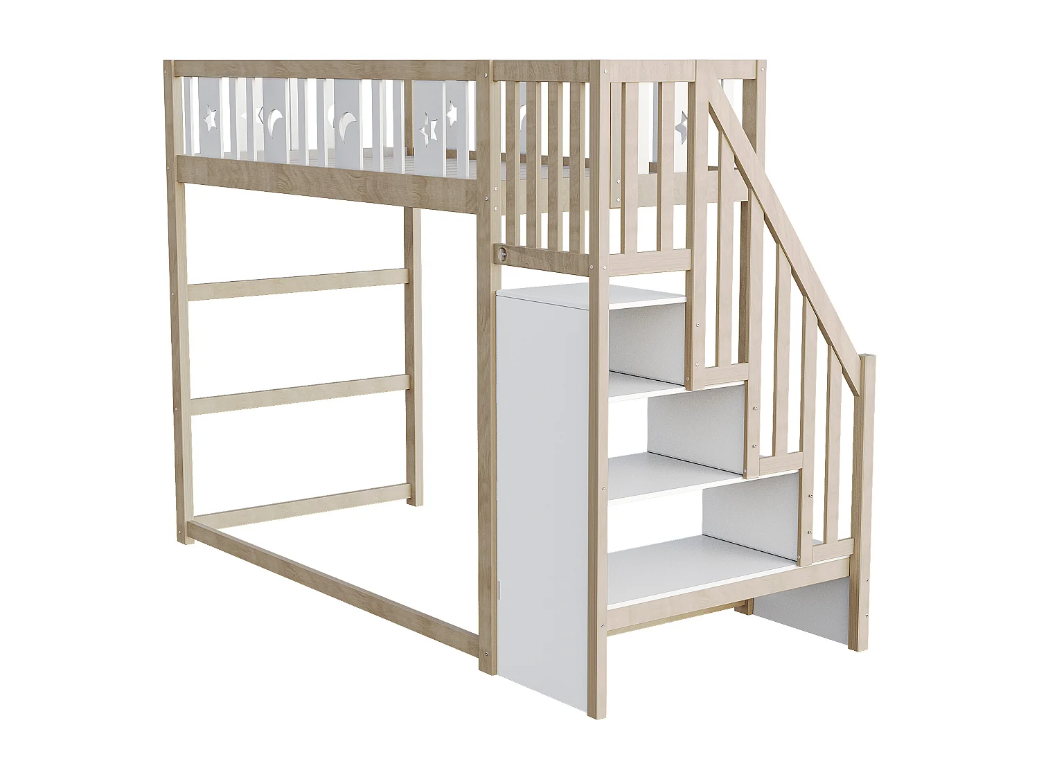 Lit mezzanine enfant 90x200 cm avec escalier rangement - Bois naturel et blanc
