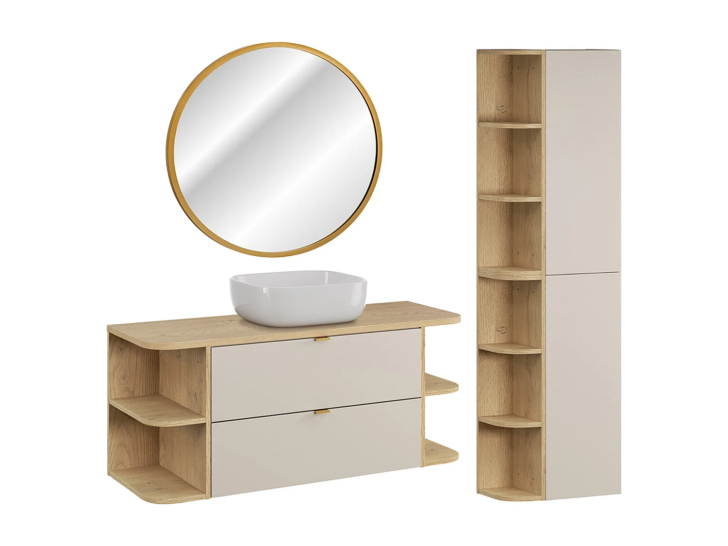 Insieme mobile lavabo singolo 120cm nicchie arrotondate colonna e specchio LED Azel Cachemire e Legno