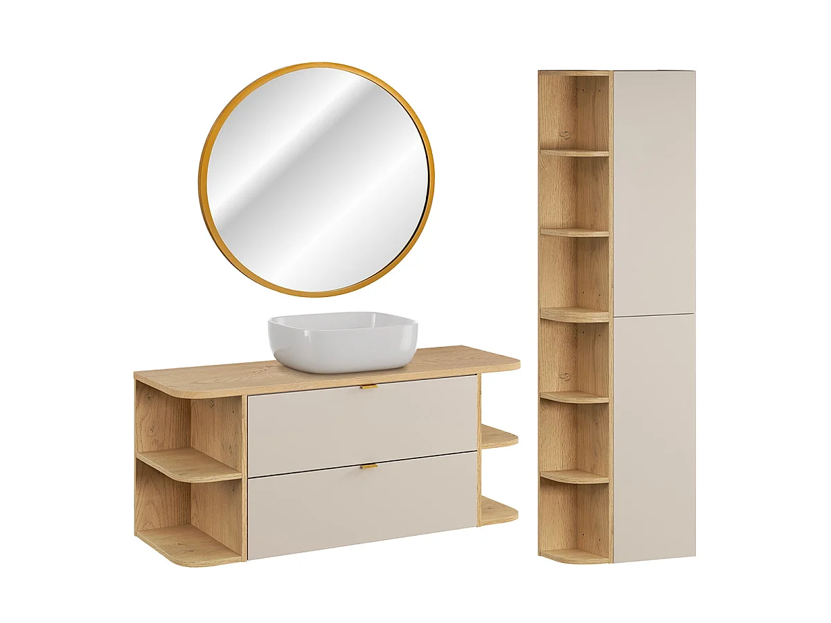 Ensemble meuble simple vasque 120cm niches arrondies colonne et miroir LED Azel Cachemire et Bois