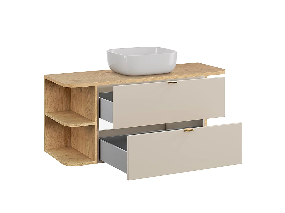 Ensemble meuble simple vasque 120cm niches arrondies colonne et miroir LED Azel Cachemire et Bois