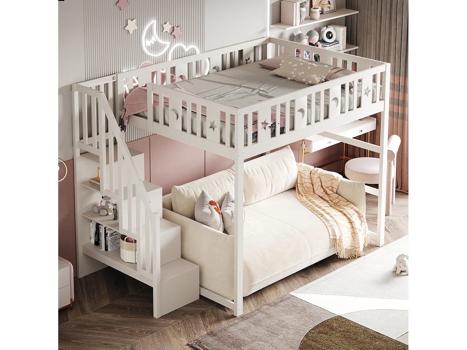Lit mezzanine enfant 140x200 cm en bois avec escalier et garde-corps - blanc et naturel