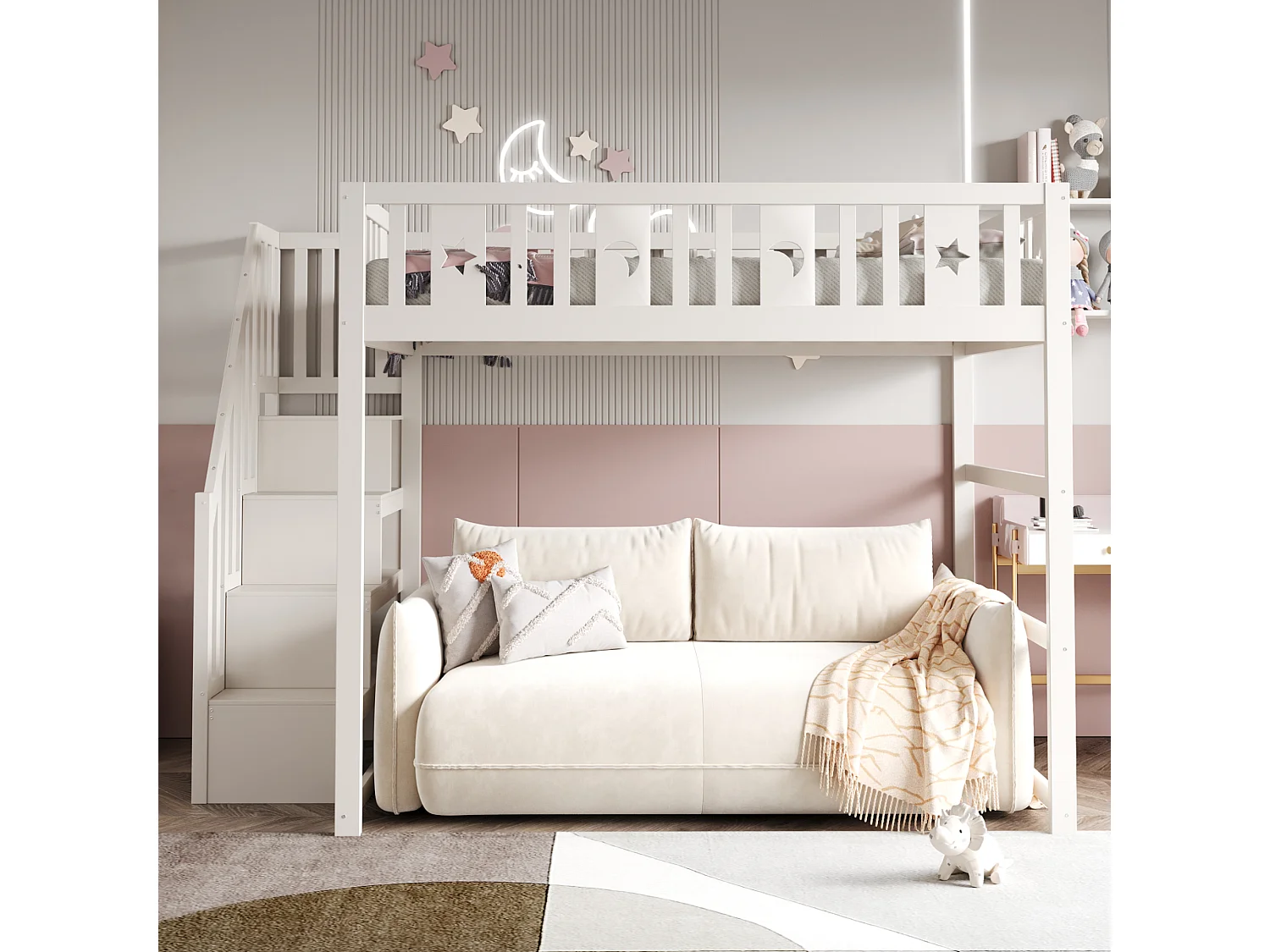 Lit mezzanine enfant 140x200 cm en bois avec escalier et garde-corps - blanc et naturel