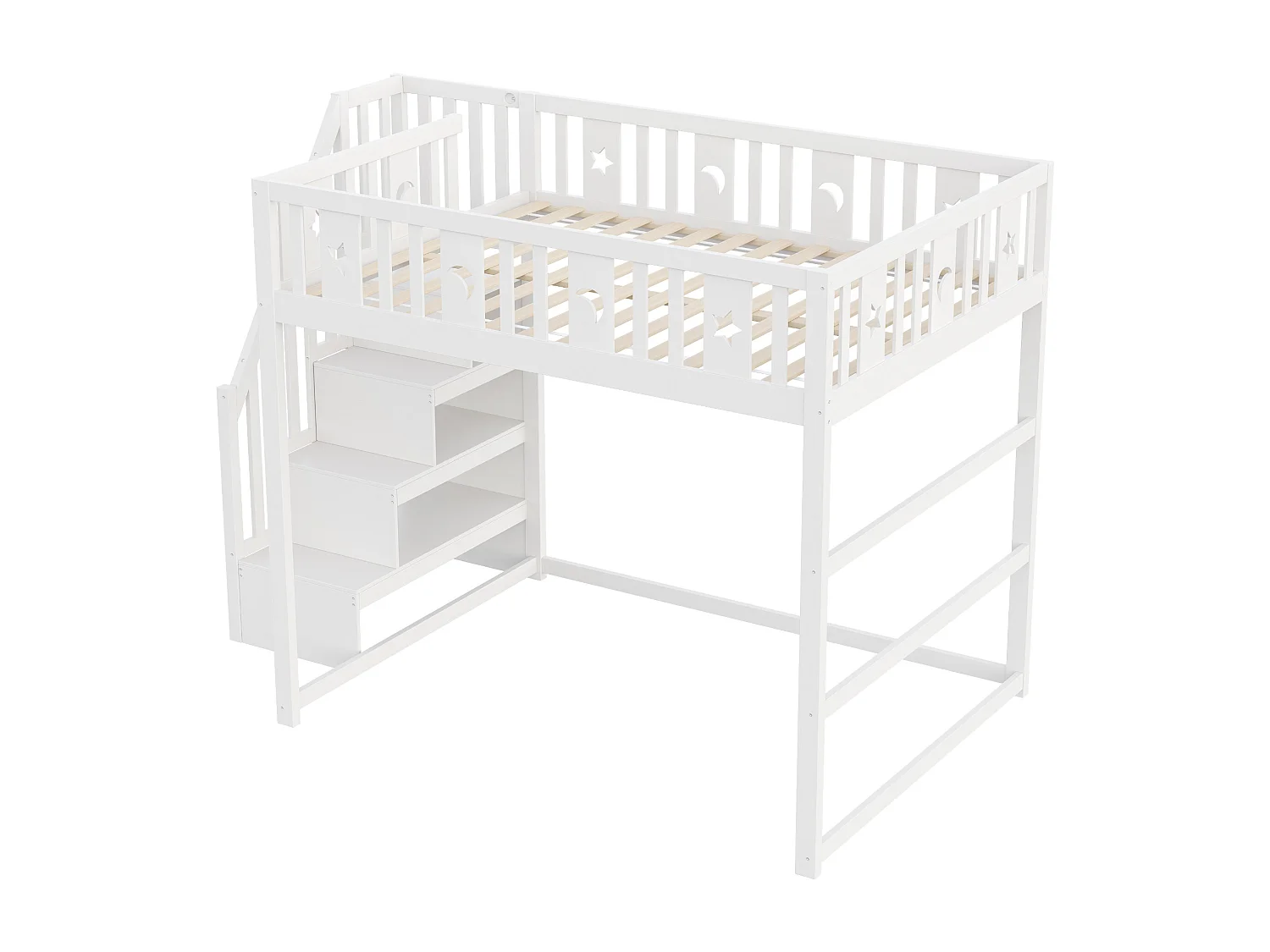 Lit mezzanine enfant 140x200 cm en bois avec escalier et garde-corps - blanc et naturel