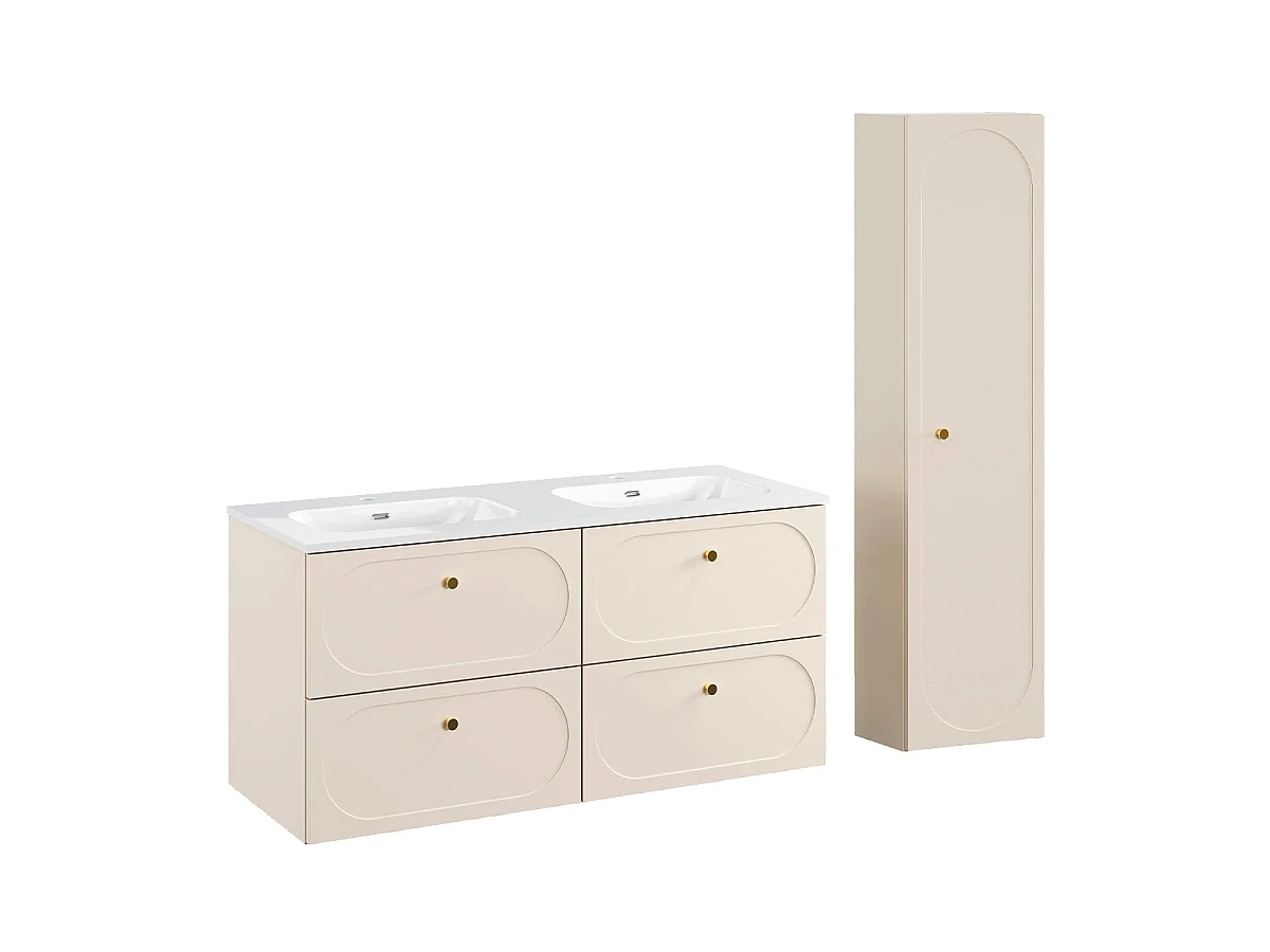 Ensemble meuble double vasque encastrée 120cm et colonne Sanae Beige sable