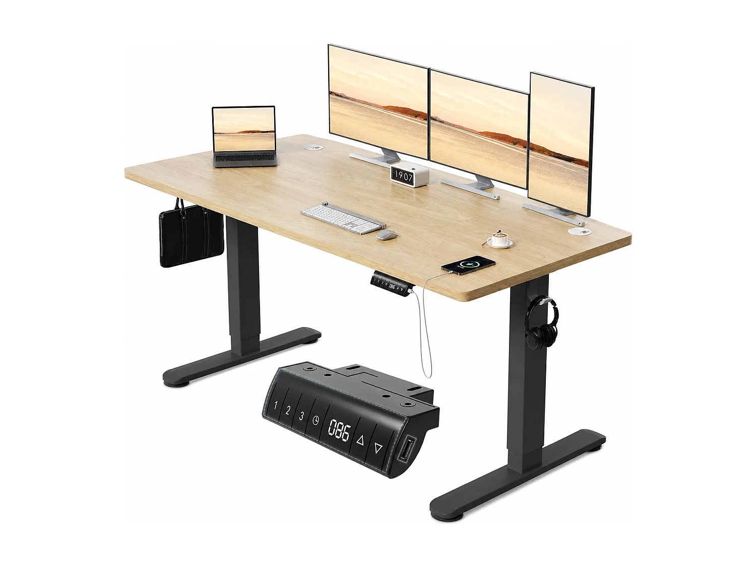 Bureau électrique réglable en hauteur avec prise USB, plateau pour câbles, bureau d'ordinateur, bureau debout avec rappel d'activités sédentaires, 160 x 80 cm