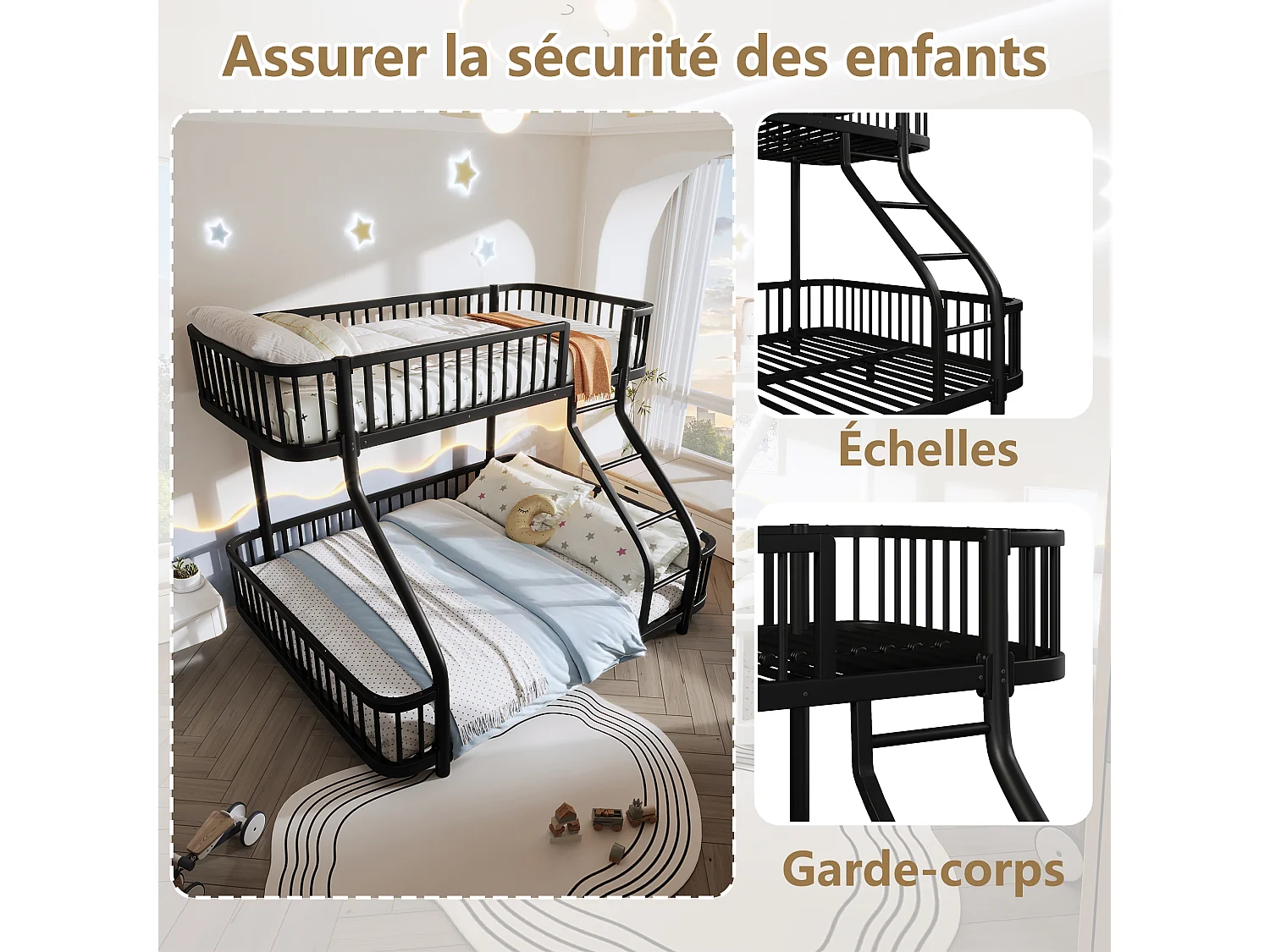 Lit superposé en métal 90x200 et 140x200 cm avec échelle et barrières - Noir