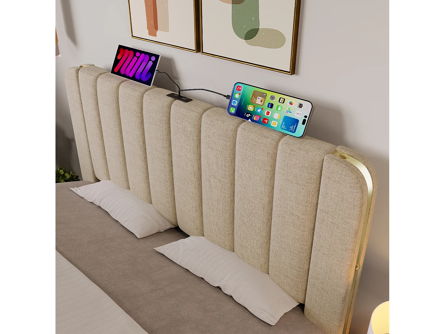 Lit capitonne 140x190 cm - 4 tiroirs - tete de lit USB-Cet liseres dores - tissu effet lin beige