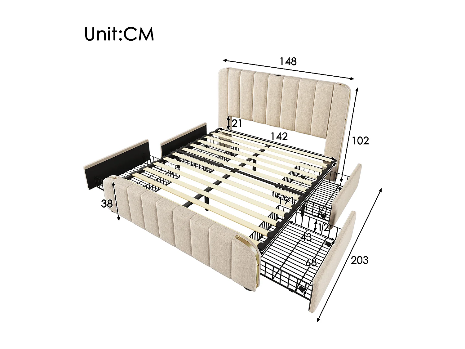 Lit capitonne 140x190 cm - 4 tiroirs - tete de lit USB-Cet liseres dores - tissu effet lin beige