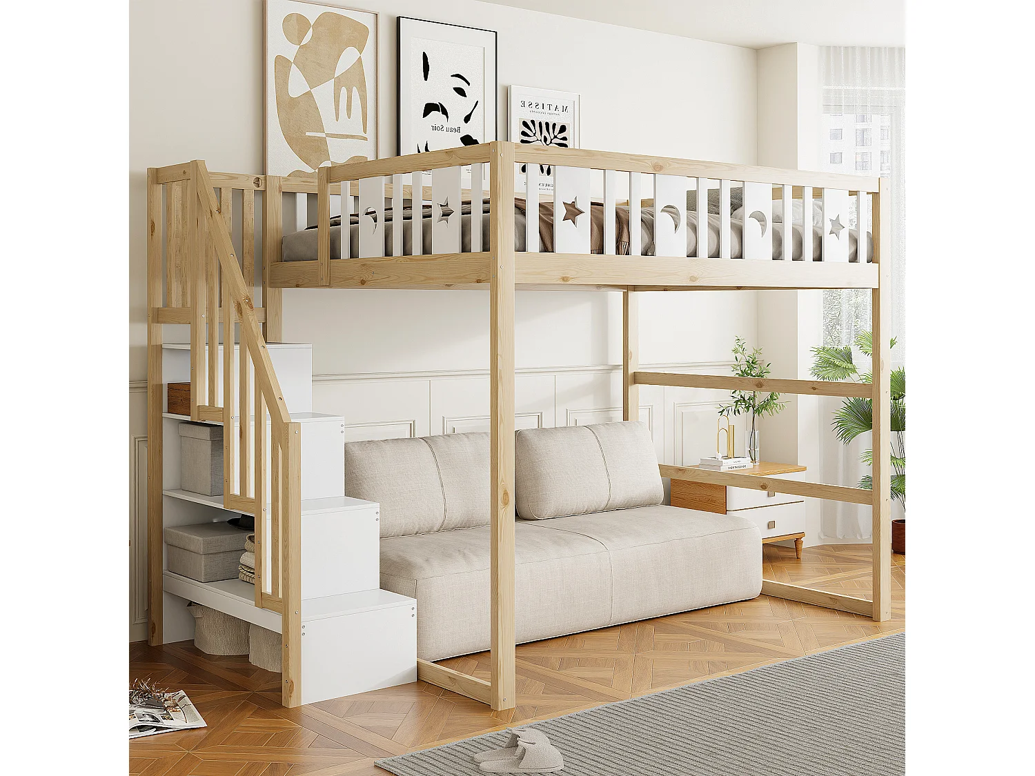 Lit mezzanine enfant 140x200 cm en bois avec escalier et garde-corps - blanc et naturel