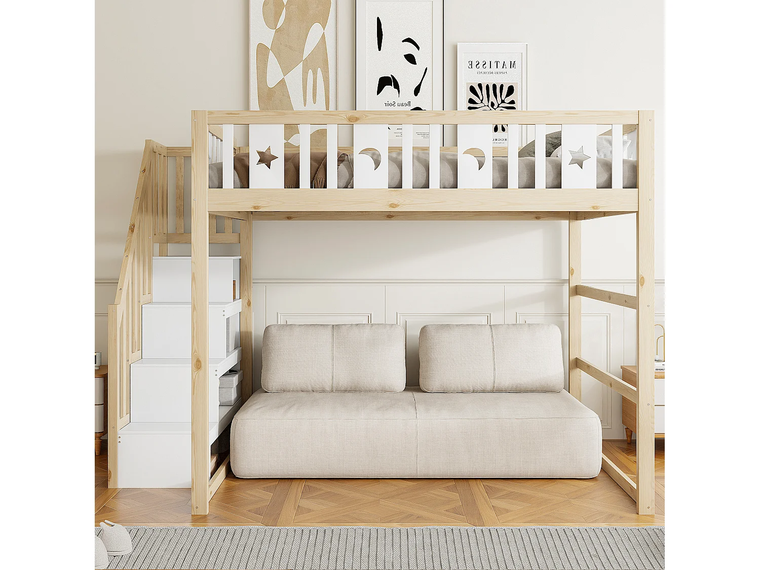 Lit mezzanine enfant 140x200 cm en bois avec escalier et garde-corps - blanc et naturel