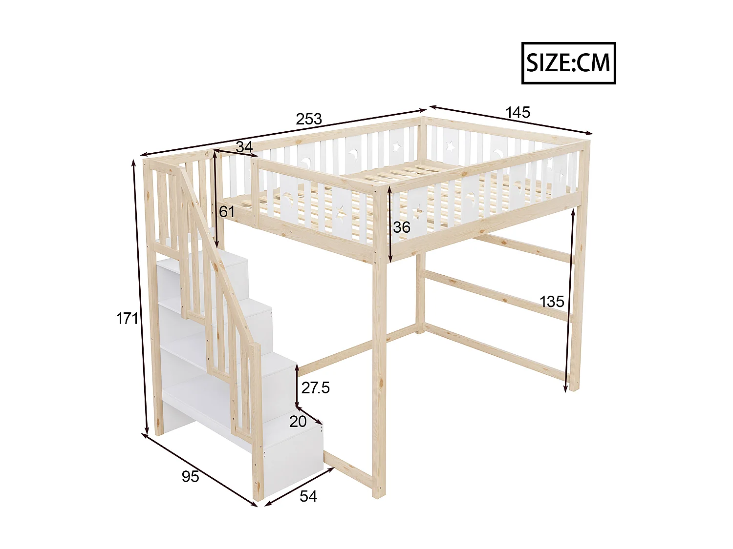 Lit mezzanine enfant 140x200 cm en bois avec escalier et garde-corps - blanc et naturel