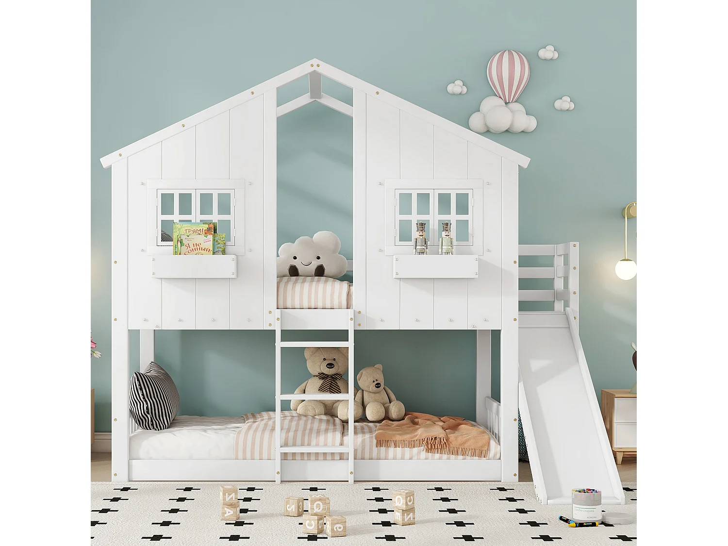 Lit mezzanine cabane enfant 90x200 cm avec toboggan toit et fenêtres blanc