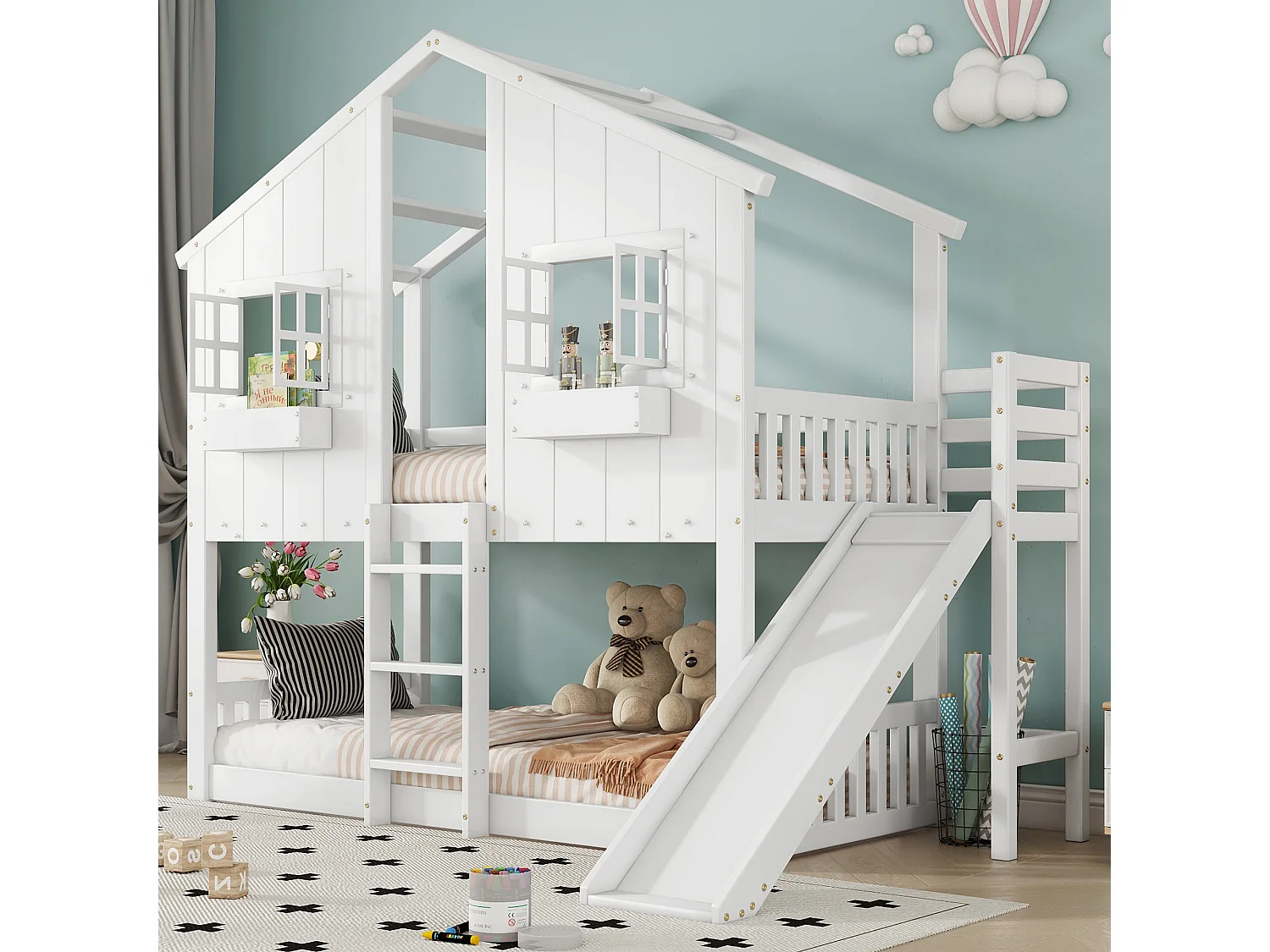 Lit mezzanine cabane enfant 90x200 cm avec toboggan toit et fenêtres blanc