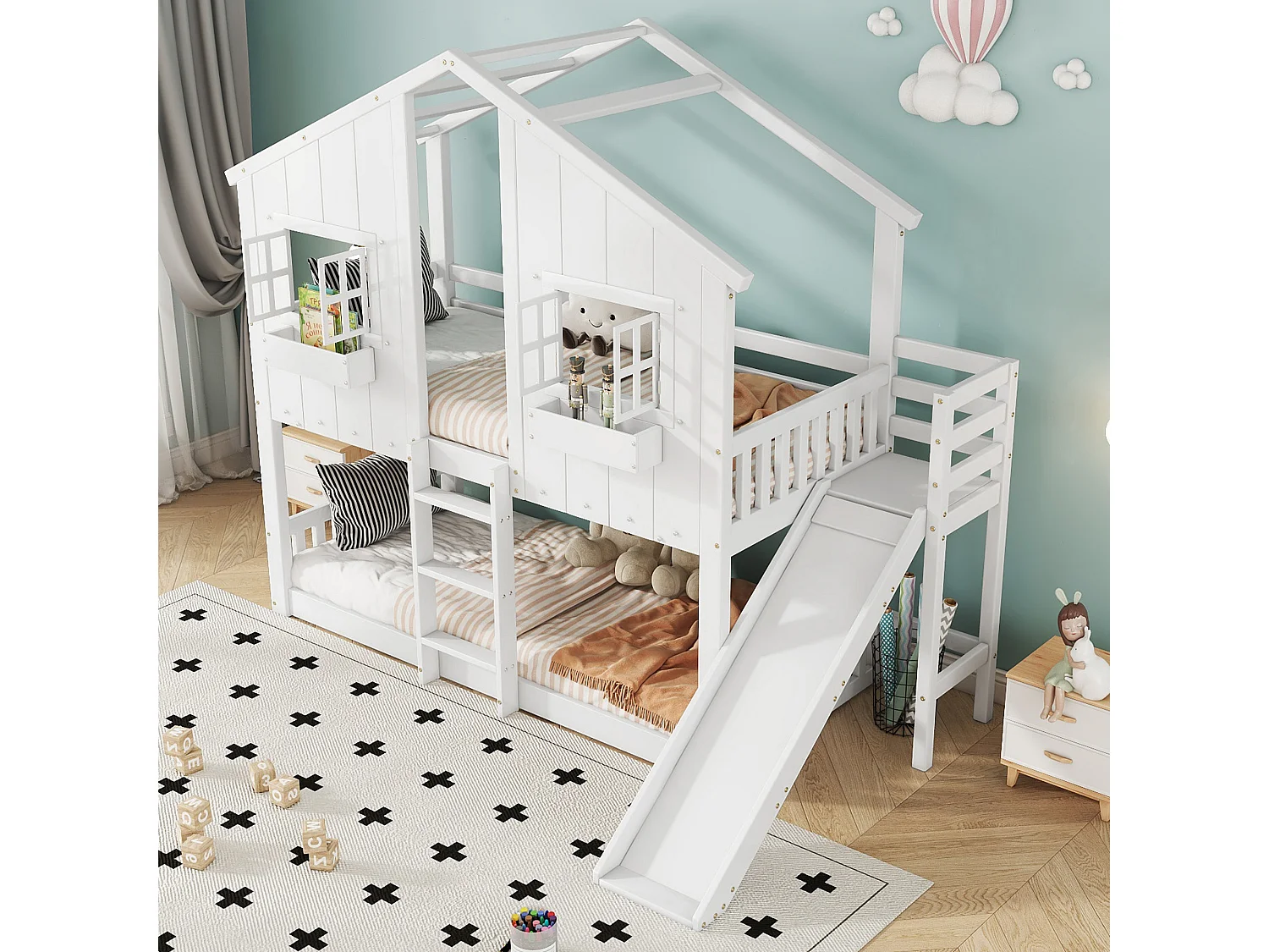 Lit mezzanine cabane enfant 90x200 cm avec toboggan toit et fenêtres blanc
