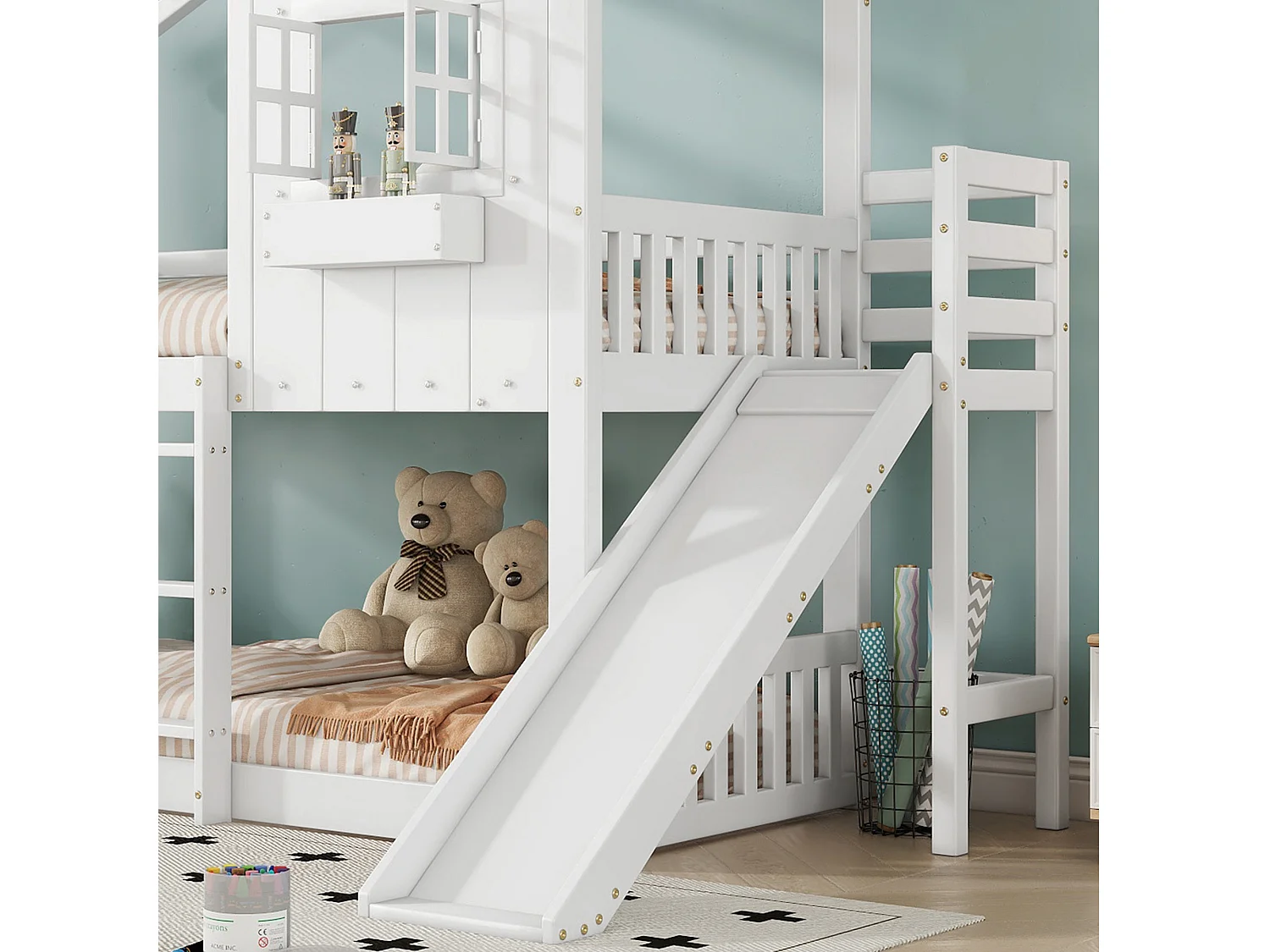 Lit mezzanine cabane enfant 90x200 cm avec toboggan toit et fenêtres blanc