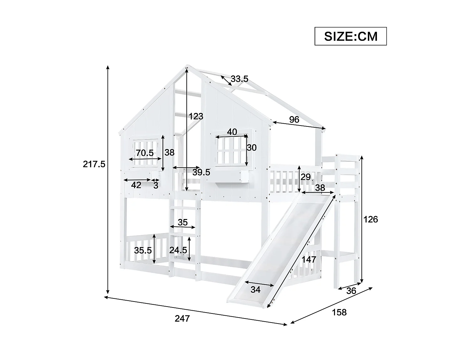 Lit mezzanine cabane enfant 90x200 cm avec toboggan toit et fenêtres blanc
