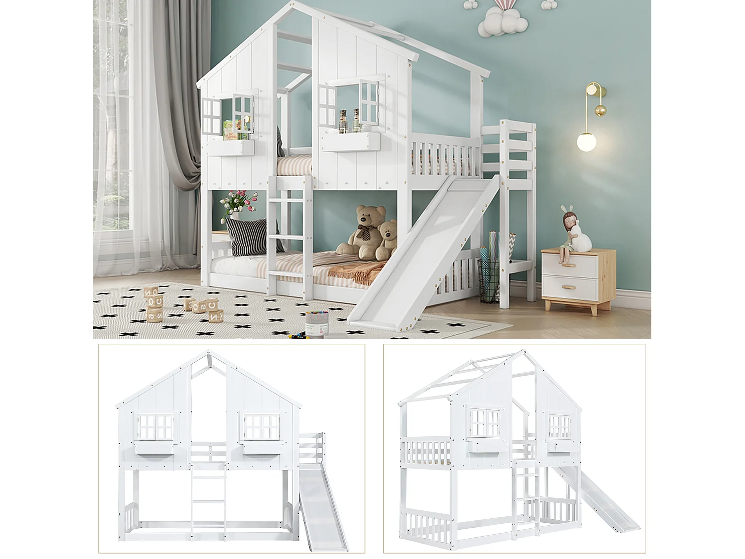 Lit mezzanine cabane enfant 90x200 cm avec toboggan toit et fenêtres blanc