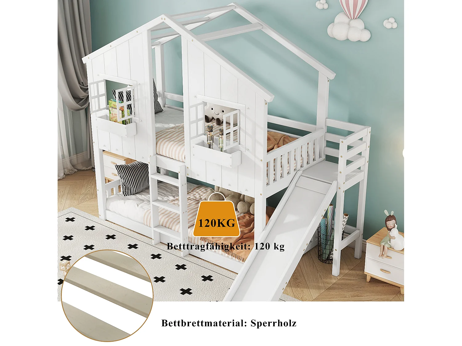 Lit mezzanine cabane enfant 90x200 cm avec toboggan toit et fenêtres blanc