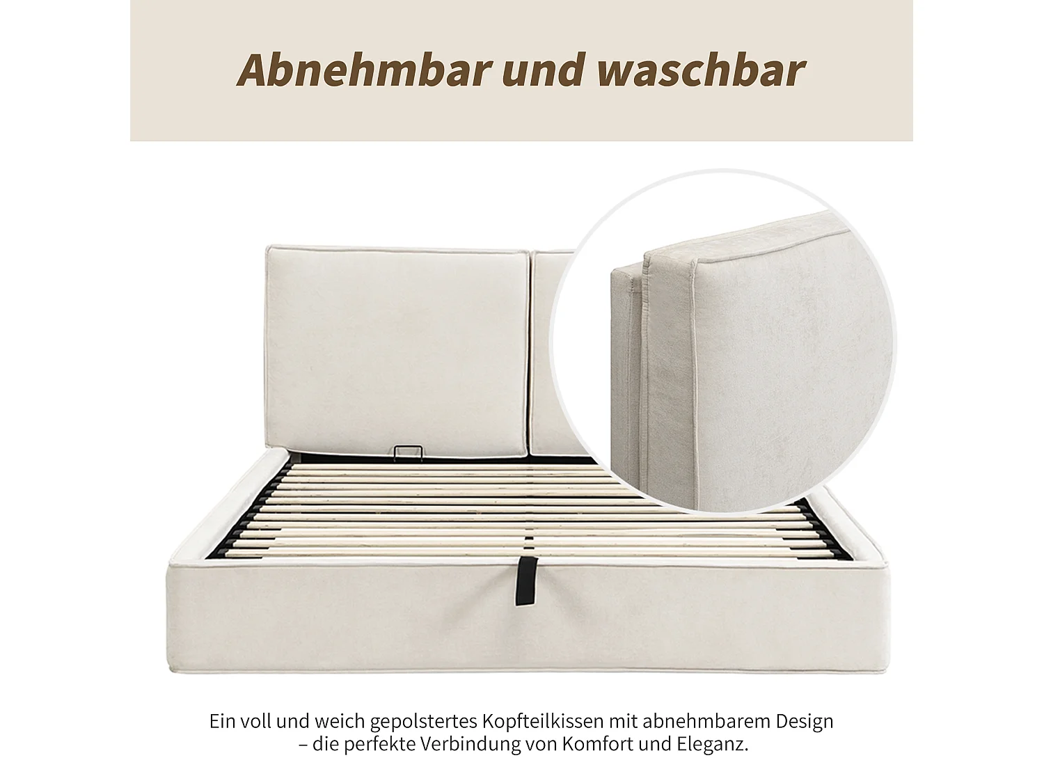 Lit coffre hydraulique 180 x 200 cm avec sommier et tête de lit rembourrée - chenille beige