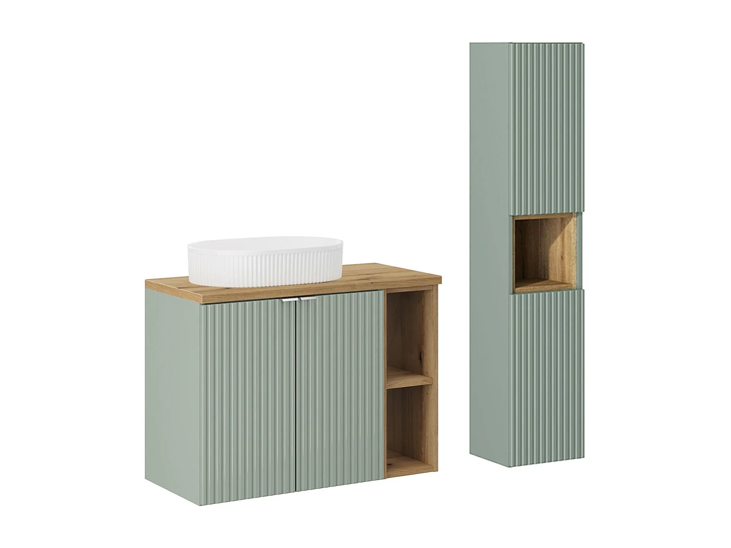 Ensemble meuble simple vasque 80cm 2 portes 2 niches et colonne Jade Vert et Bois