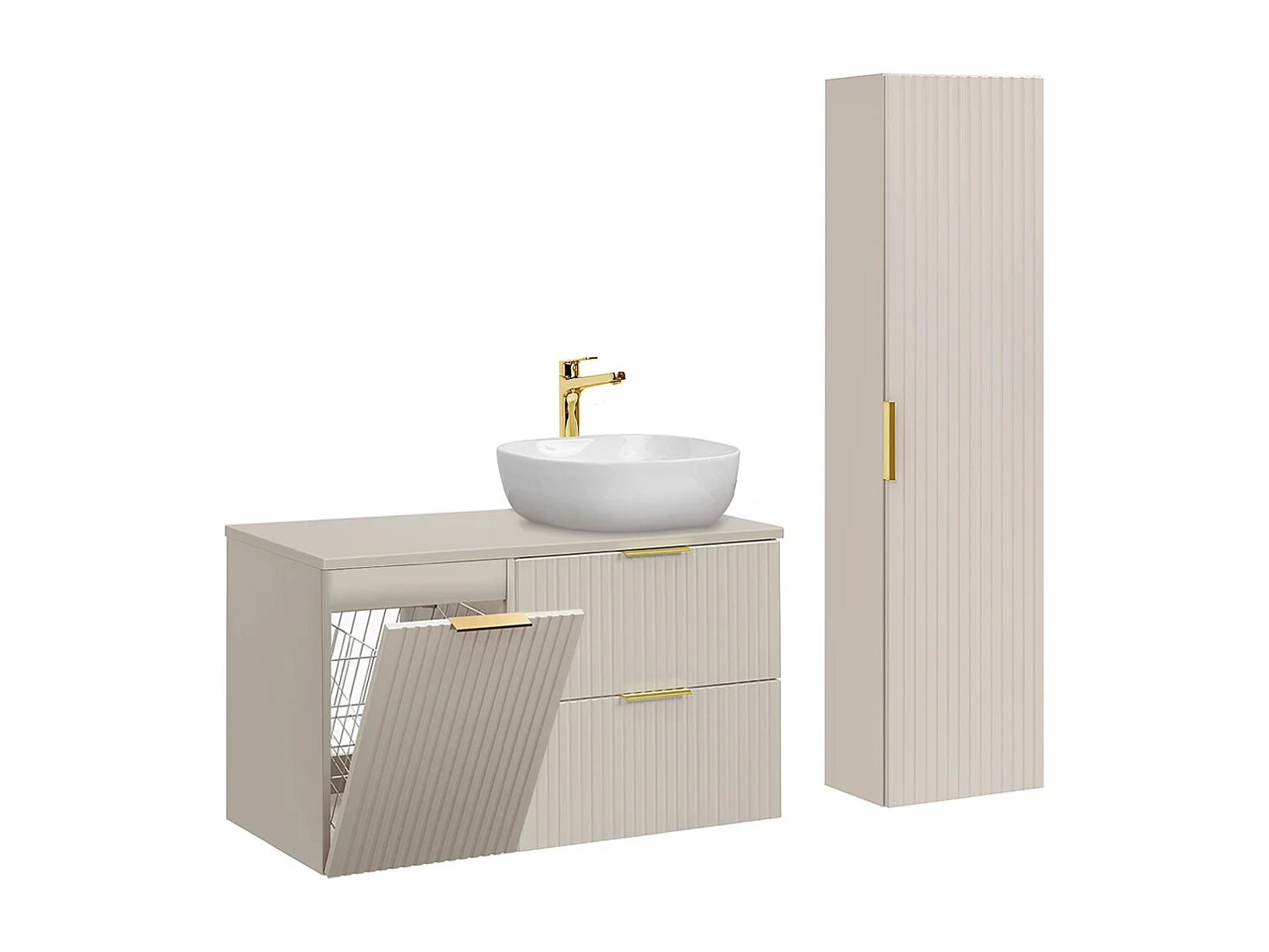Ensemble meuble simple vasque 100cm panier à linge et colonne Adriel Cachemire
