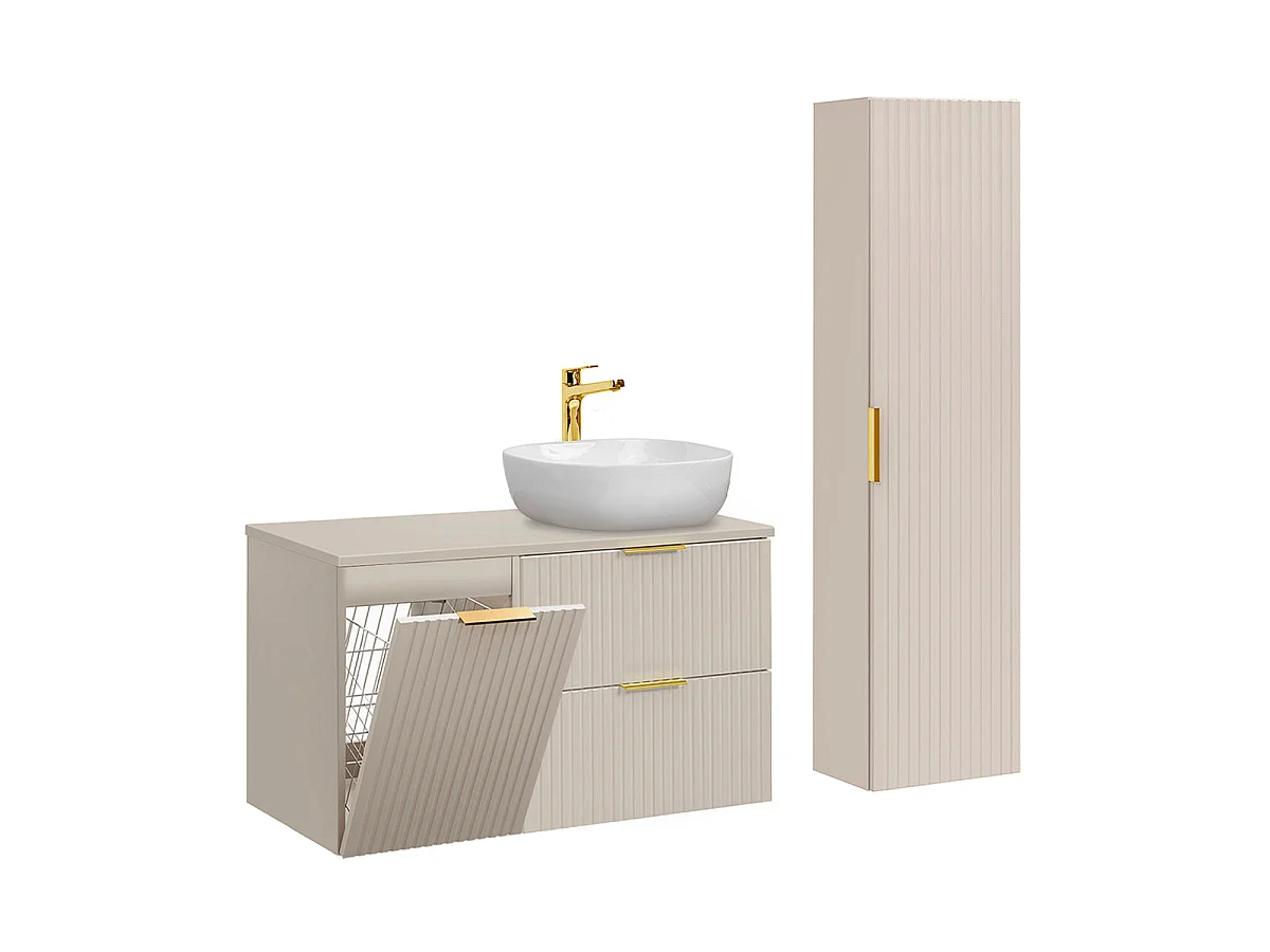 Insieme mobile lavabo singolo 100cm cesto portabiancheria e colonna Adriel Cashmere