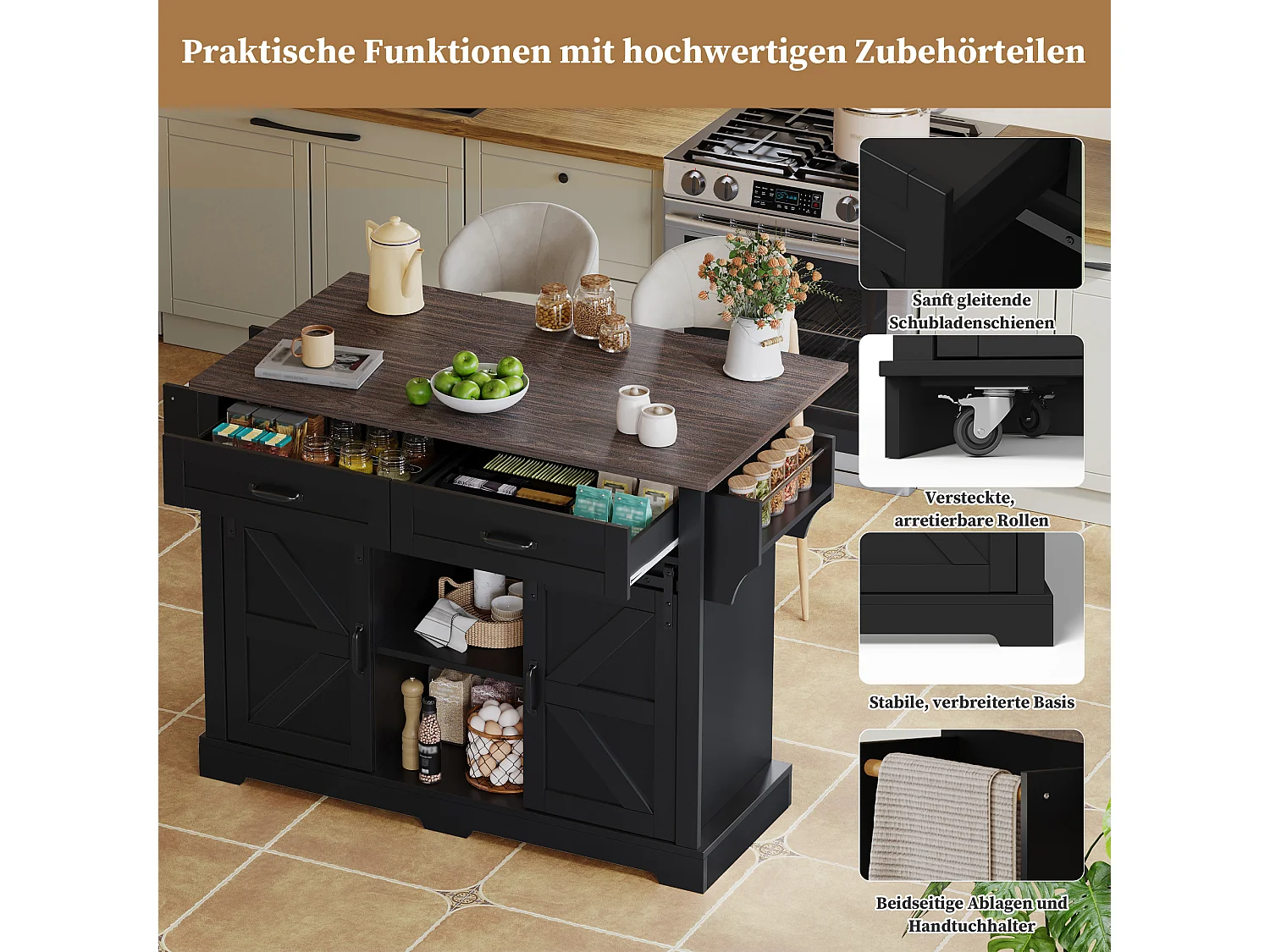 Îlot de cuisine mobile avec plan rabattable et rangements - 120x45/70x91 cm - noir effet bois