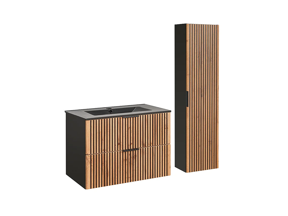 Ensemble meuble simple vasque encastrée 80cm et colonne Gaia Bois et Noir - Vasque Noir