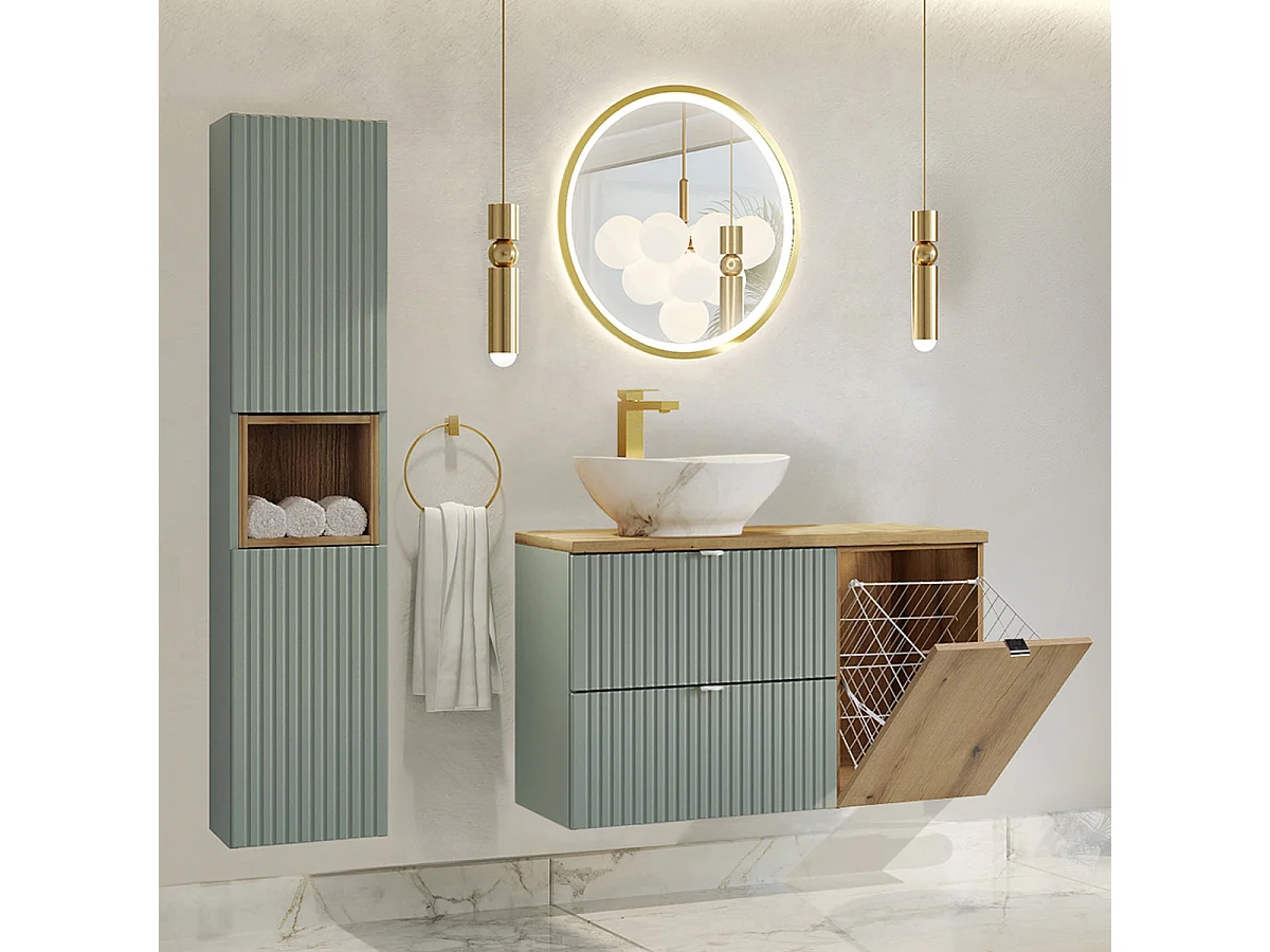 Ensemble meuble simple vasque 100cm panier à linge et colonne Jade Vert et Bois