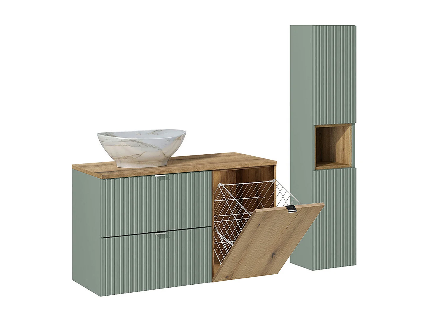 Ensemble meuble simple vasque 100cm panier à linge et colonne Jade Vert et Bois