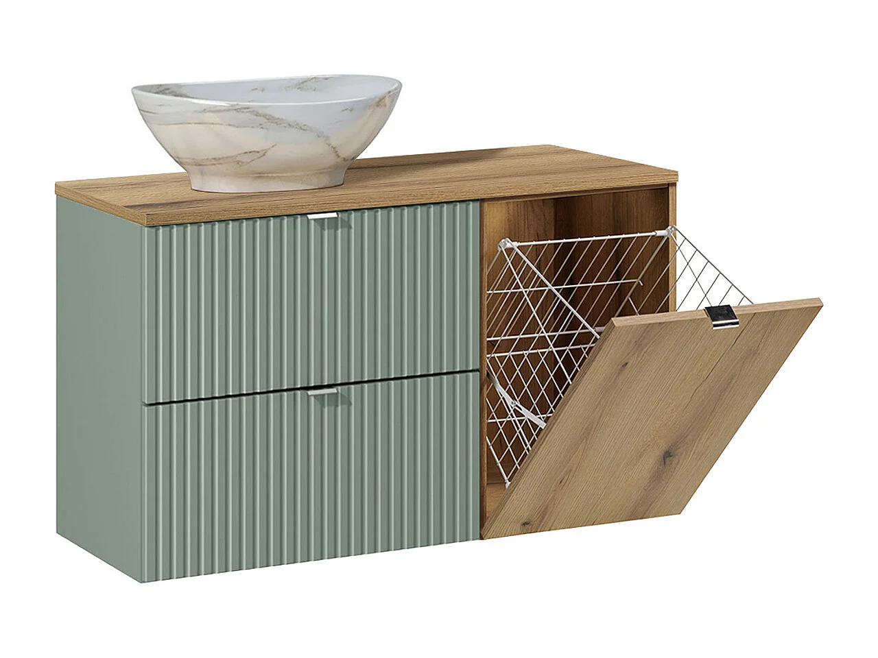 Ensemble meuble simple vasque 100cm panier à linge et colonne Jade Vert et Bois