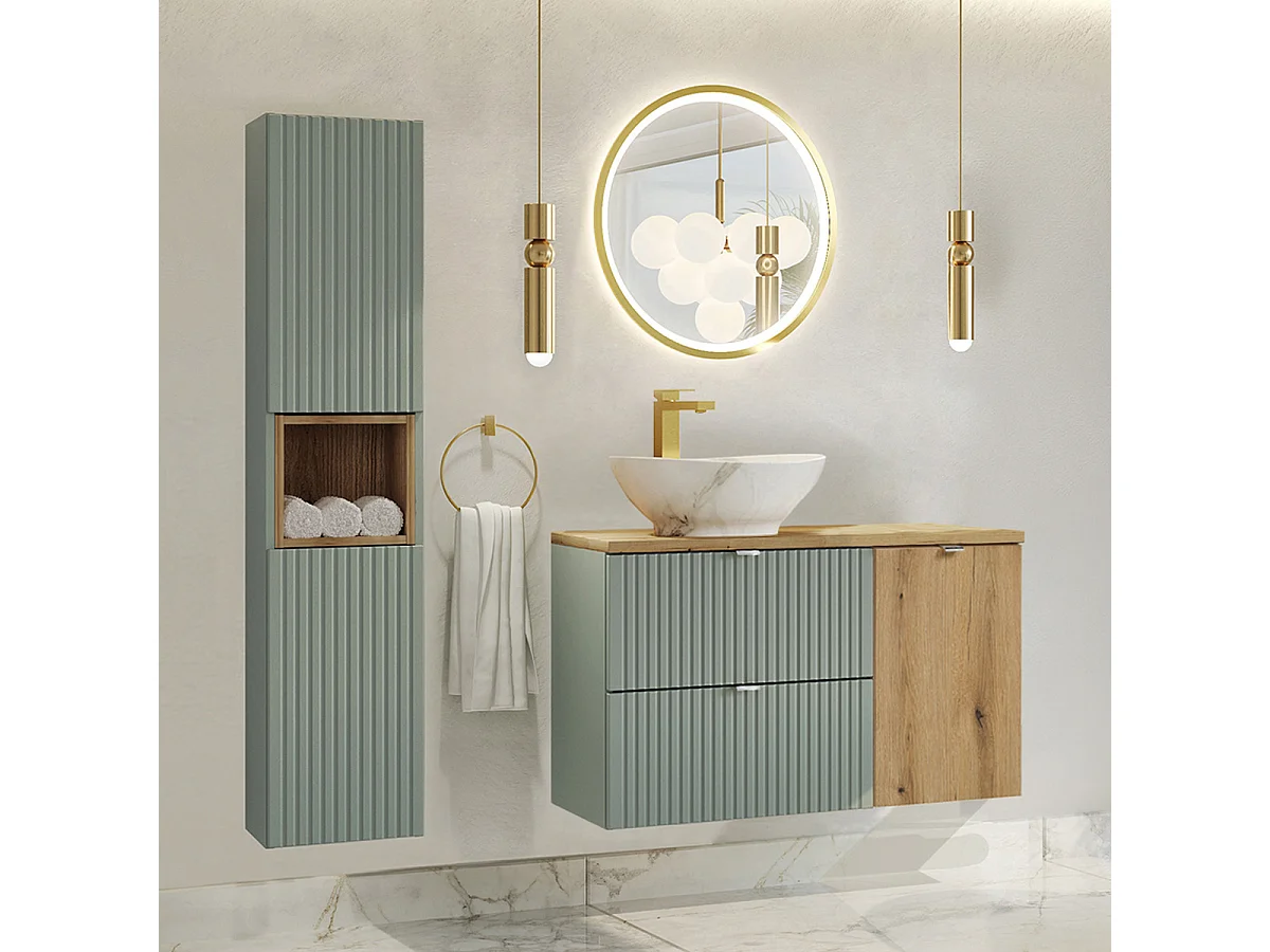 Ensemble meuble simple vasque 100cm panier à linge et colonne Jade Vert et Bois