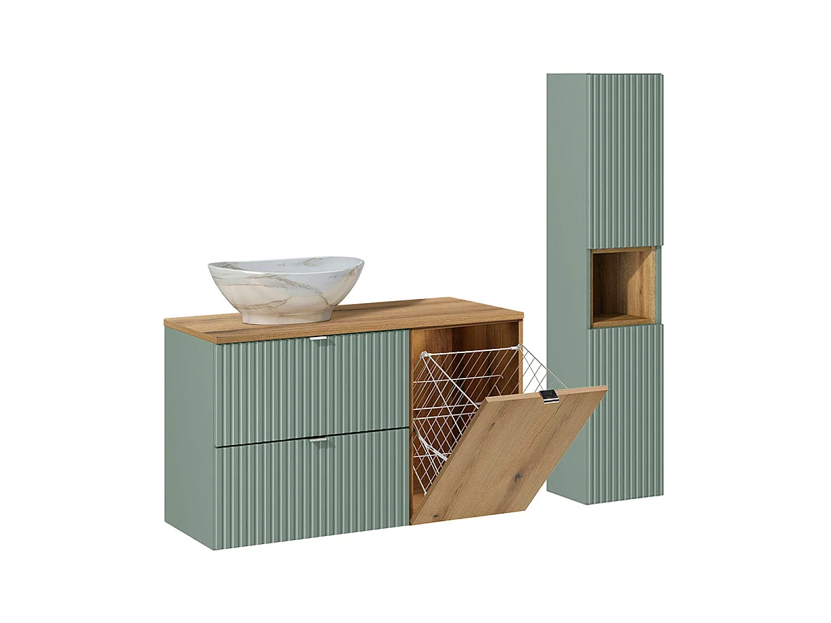 Ensemble meuble simple vasque 100cm panier à linge et colonne Jade Vert et Bois