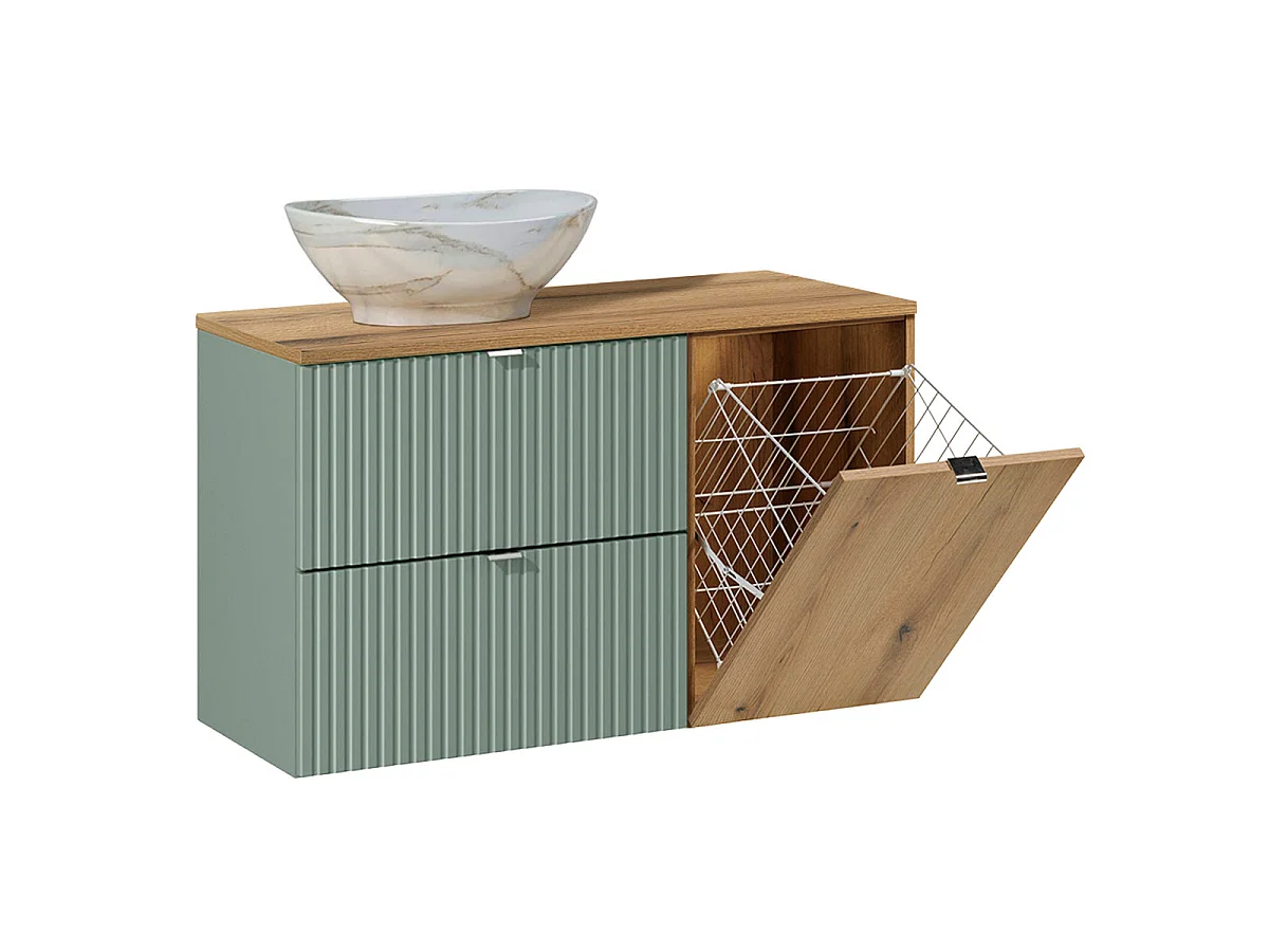 Ensemble meuble simple vasque 100cm panier à linge et colonne Jade Vert et Bois