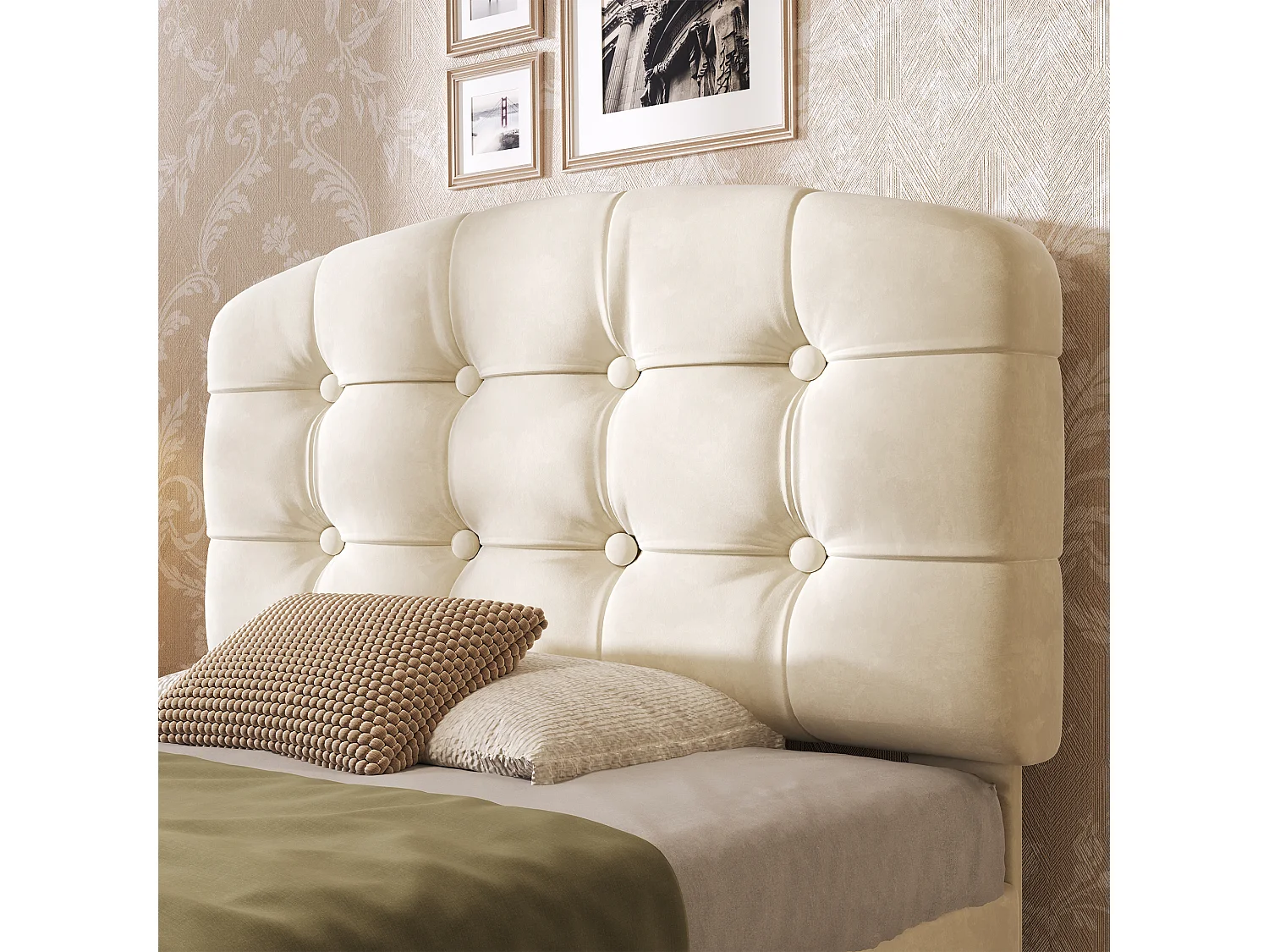 Lit simple 90x200 cm en velours beige avec tiroirs et tête de lit réglable