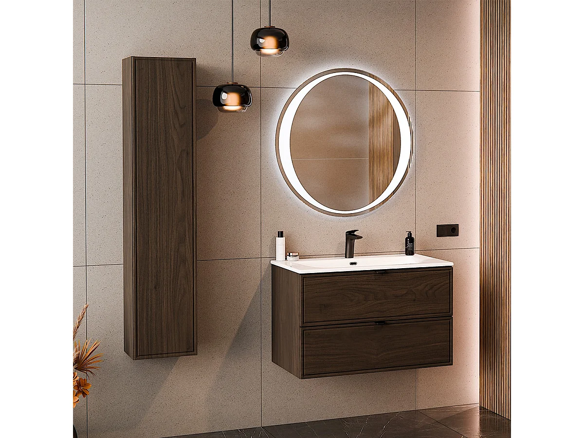 Ensemble meuble simple vasque encastrée 80cm et colonne Elias Bois foncé