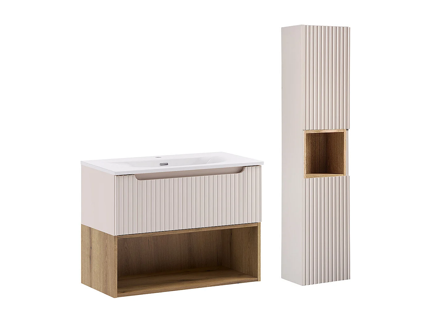Ensemble meuble simple vasque encastrée 80cm et colonne Riva Cachemire et Bois