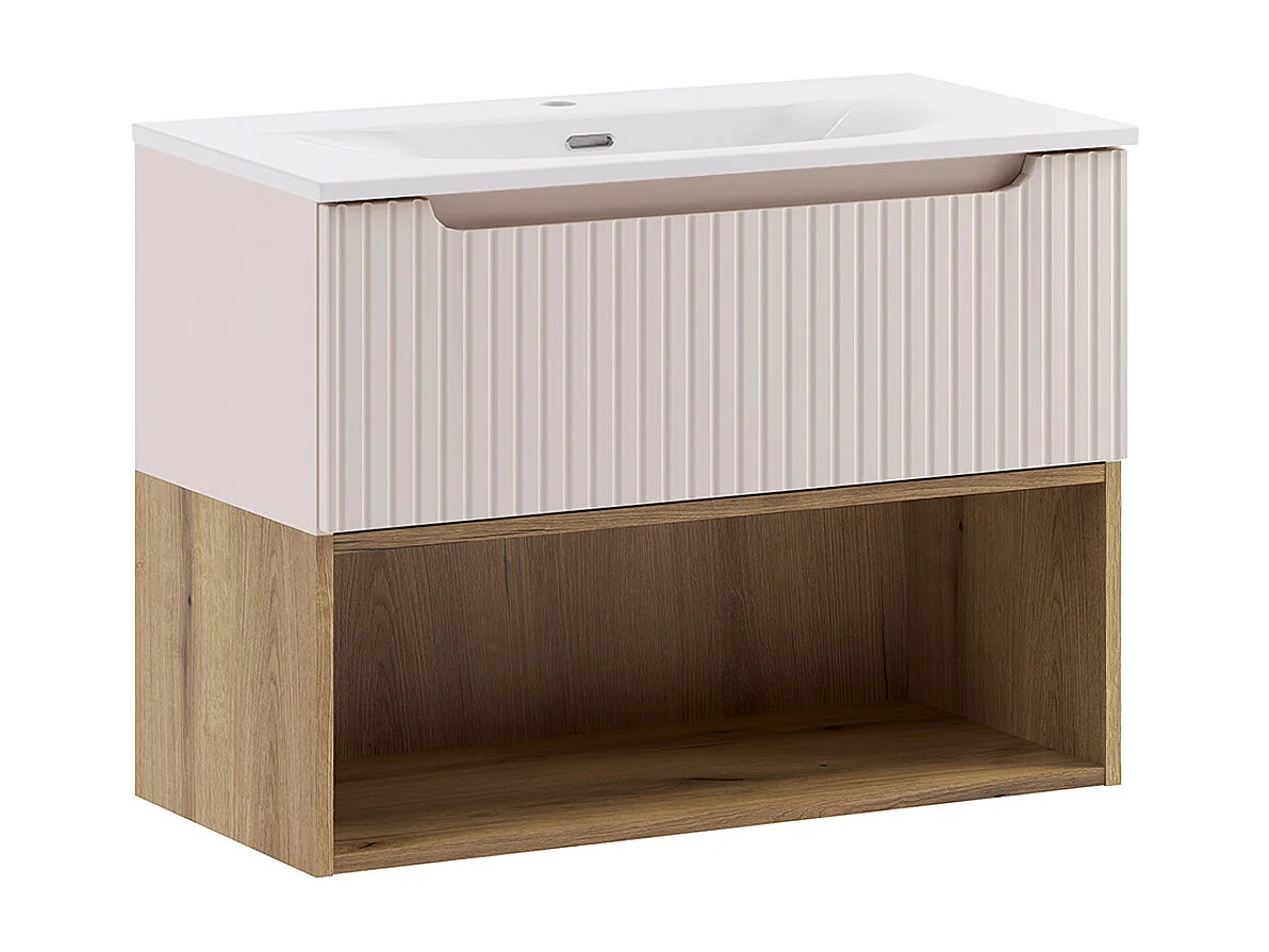 Ensemble meuble simple vasque encastrée 80cm et colonne Riva Cachemire et Bois
