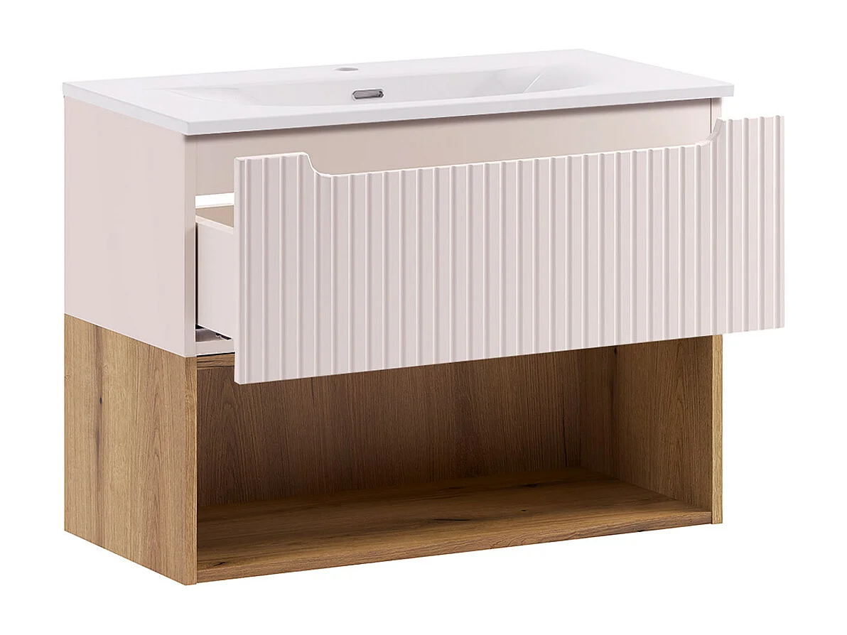 Ensemble meuble simple vasque encastrée 80cm et colonne Riva Cachemire et Bois