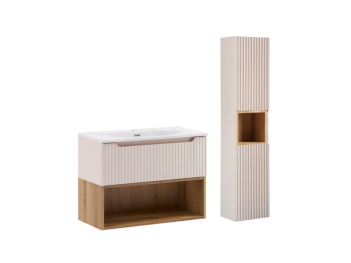 Ensemble meuble simple vasque encastrée 80cm et colonne Riva Cachemire et Bois