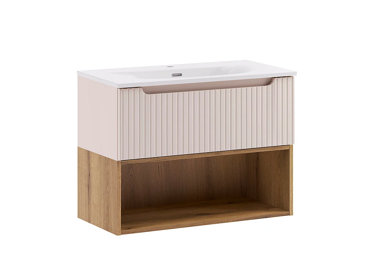 Ensemble meuble simple vasque encastrée 80cm et colonne Riva Cachemire et Bois